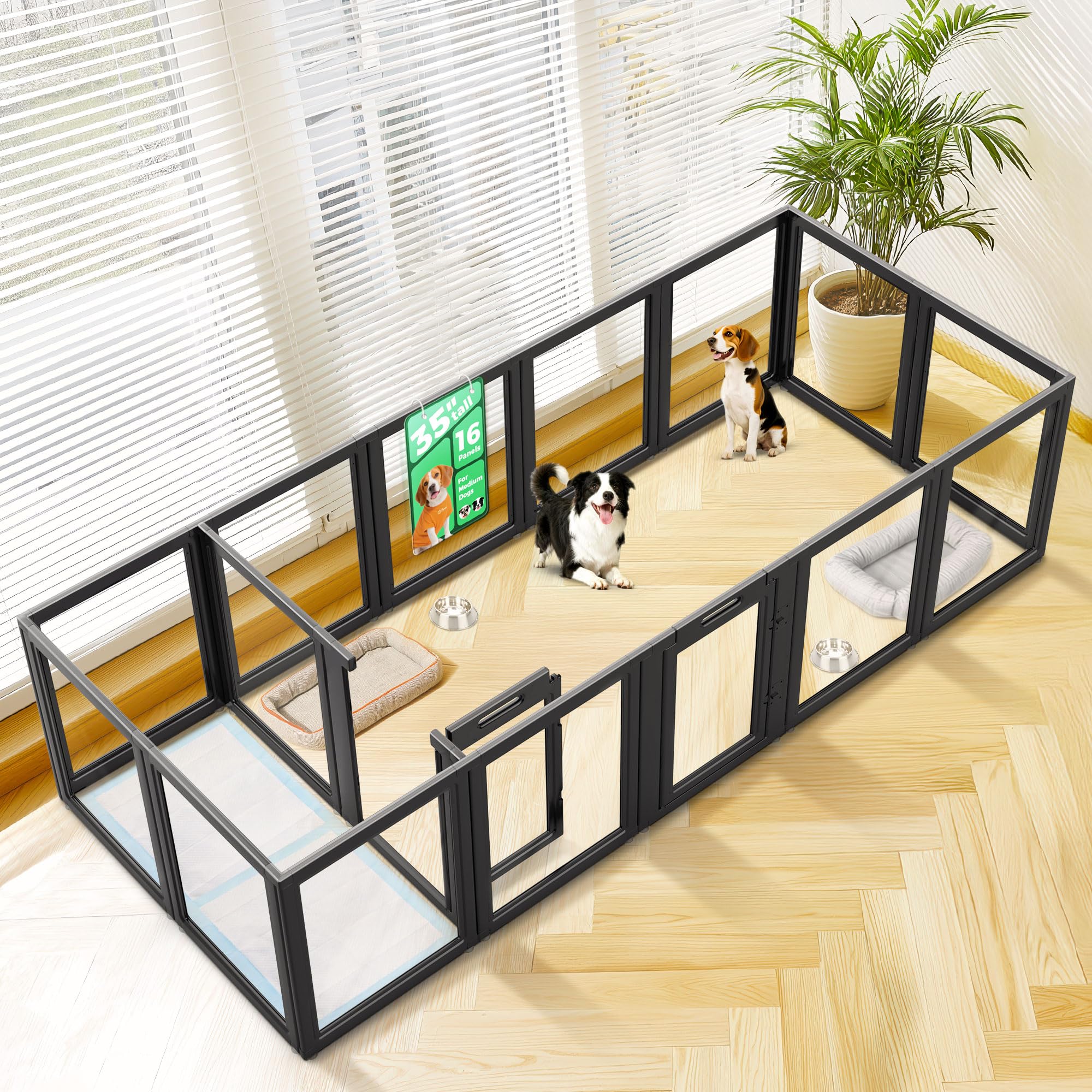 FXW AuraSpace Clear Acrylic Indoor Dog Playpen, 35" H, 16 Panels, Black