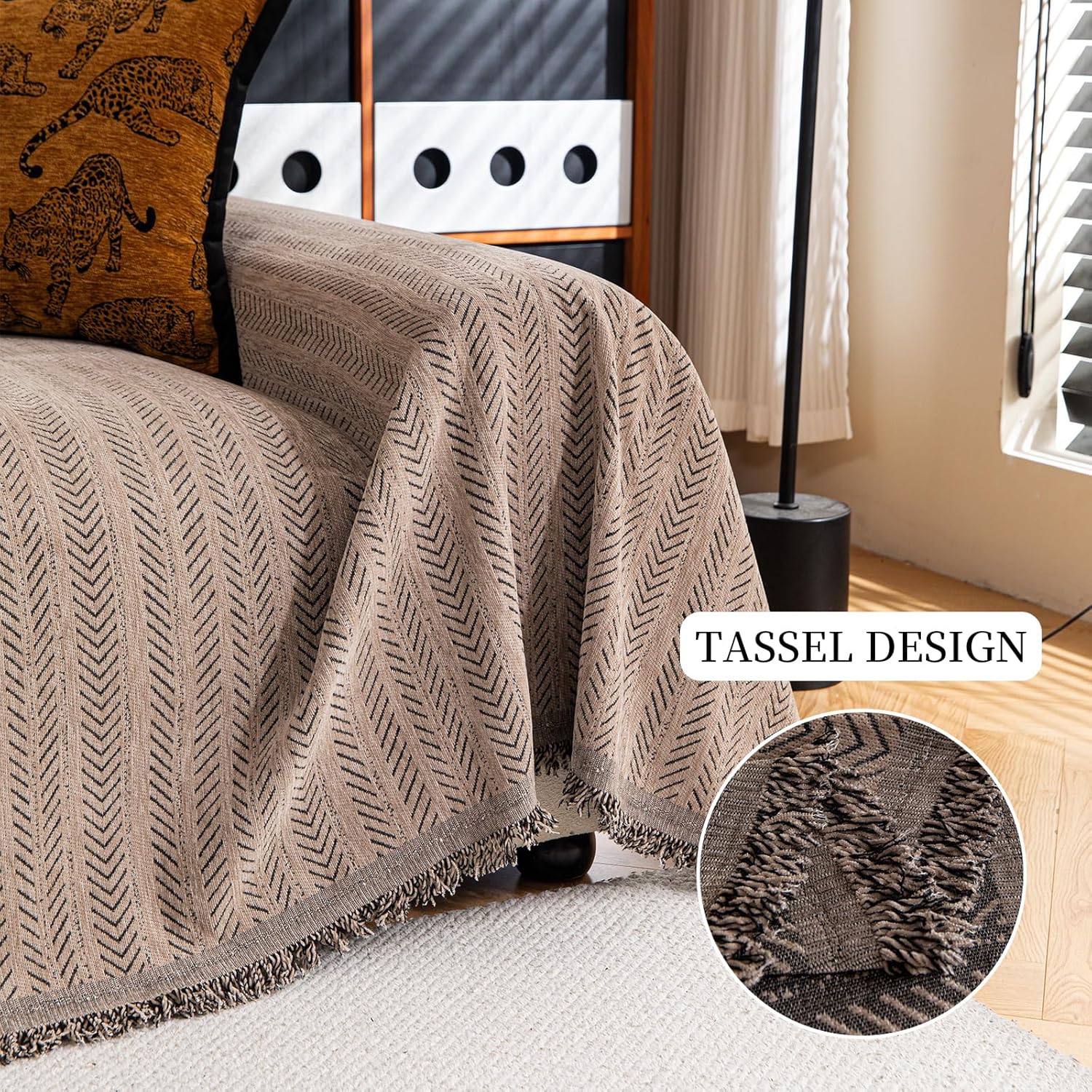 Sofa Covers for 2 Cushion Couch Sofa, Loveseat Non Slip Couch Cover Polyester Strip Couch Throw Blankets with Tassel, Sectional Sofa Slipcover Furniture Protector for Pets, Kids 71"x118", Light Brown