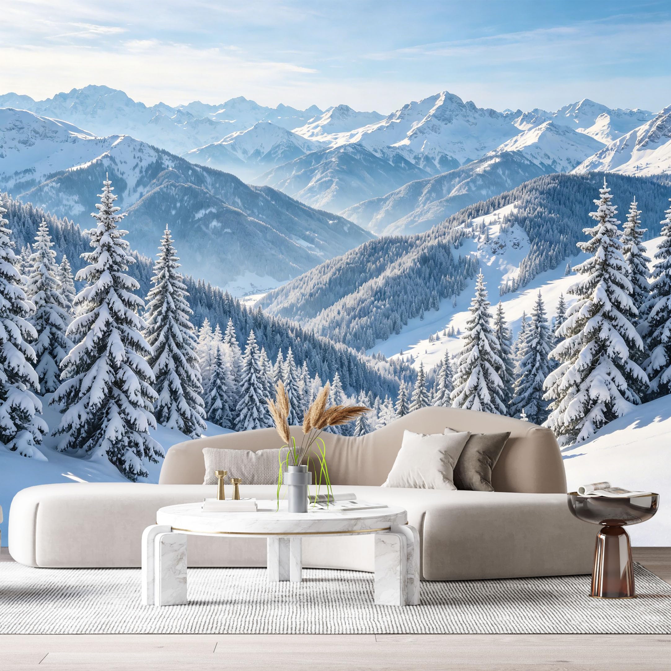 Custom Size Wall Murals Snowy Mountain Landscape Pine Forest Winter Valley Sunrise SelfAdhesive Wall Fabric Removable Large Wallpaper for Photo Living Room
