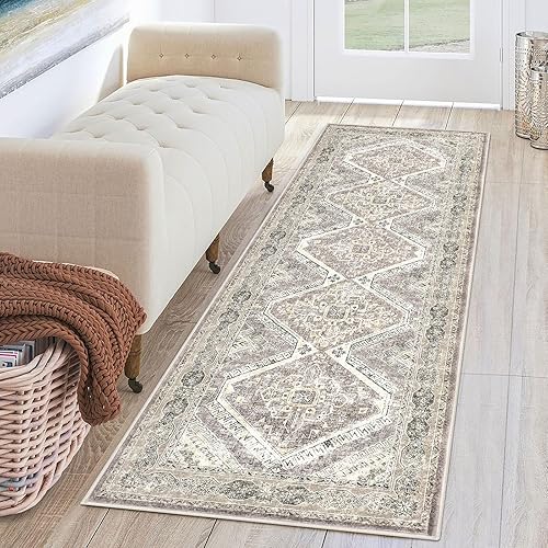 Alfombra oriental lavable de 2 x 6 pies, antideslizante, vintage, marfil, pasillo, cocina, ultra suave, envejecida, tribal, para dormitorio, baño,