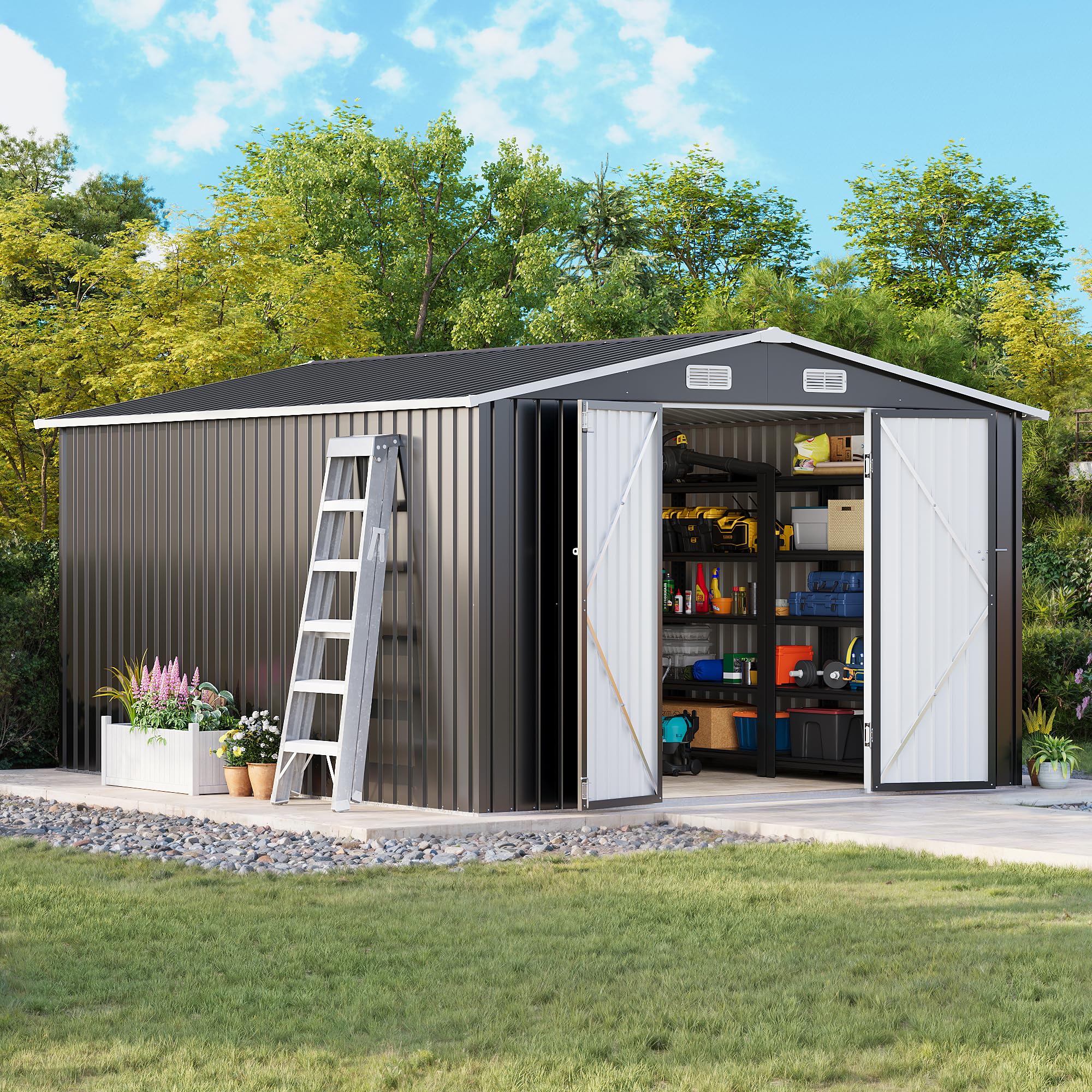 MXV 12 x 10FT Outdoor Storage Shed, Metal Garden Shed with Windows, Double Lockable Doors & Sloped Roof