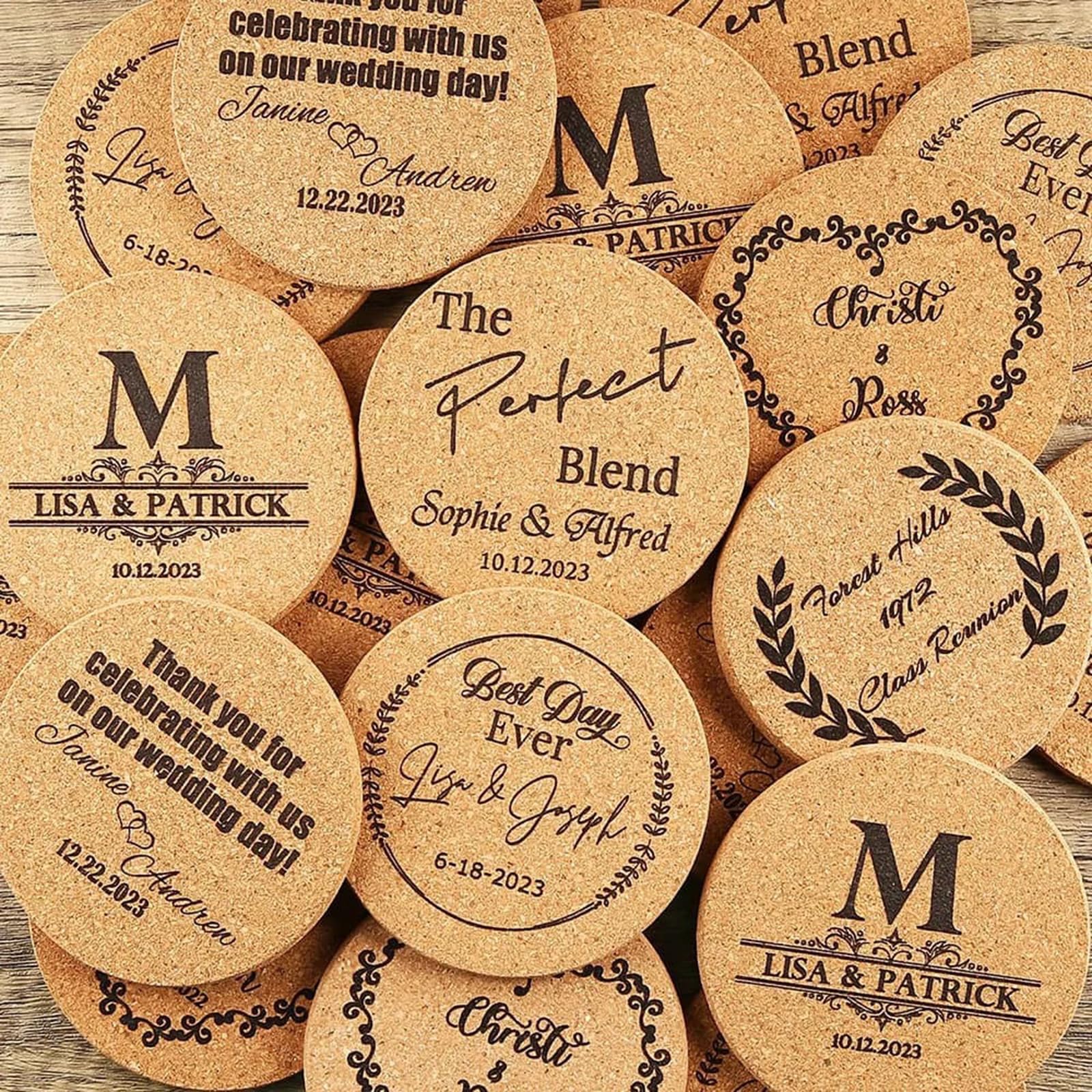Free Personalized Custom Cork Coaster Bulk Wedding Favors for Guests Coaster Bridal Shower Gift Party Favors Promotional Items (50pcs)