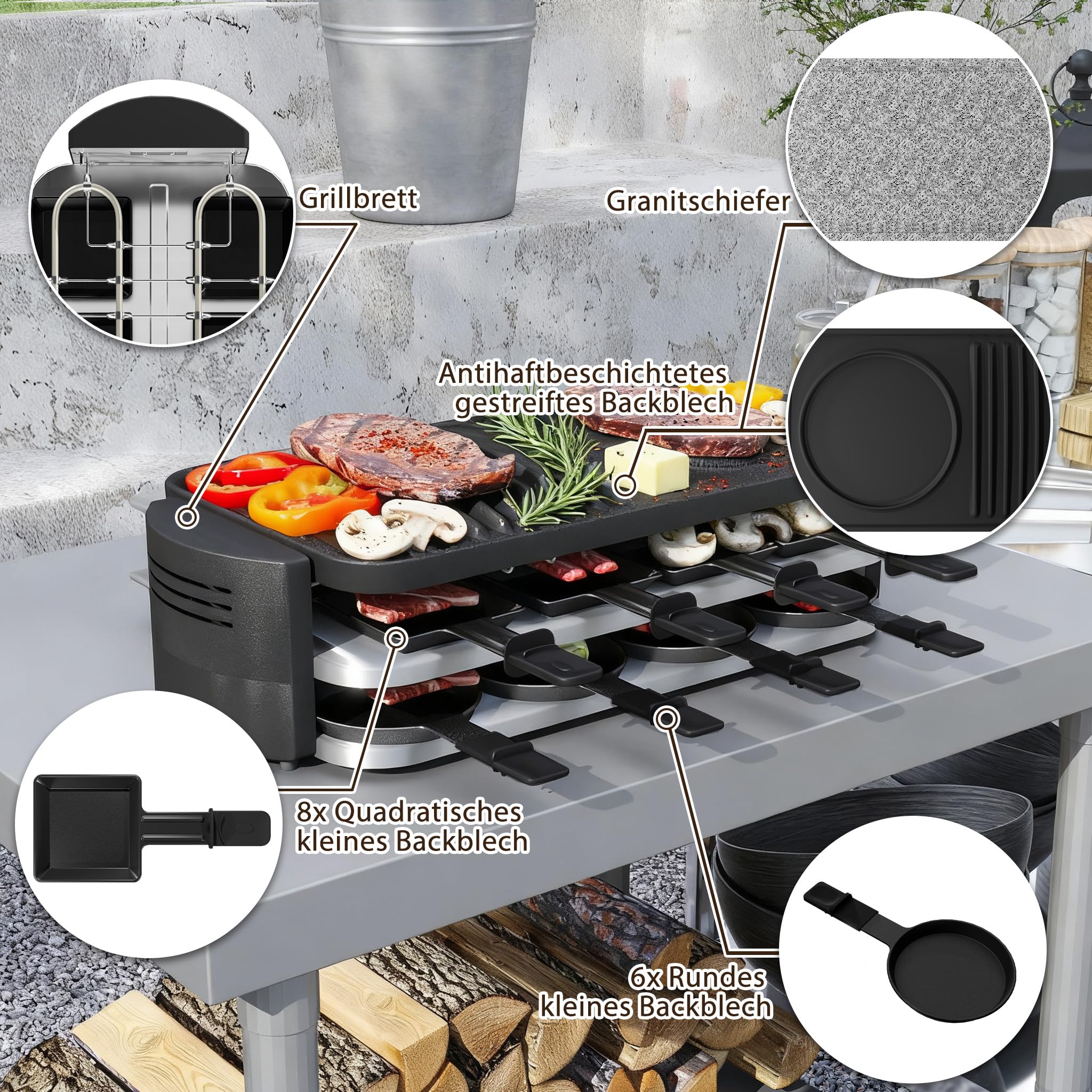 FIVMEN Raclette 8-osobowy grill do raclette, 1600 W, z 14 patelniami, płytą granitową i płytą nieprzywierającą, grill stołowy, grill imprezowy, grill elektryczny, regulacja temperatury do grillowania