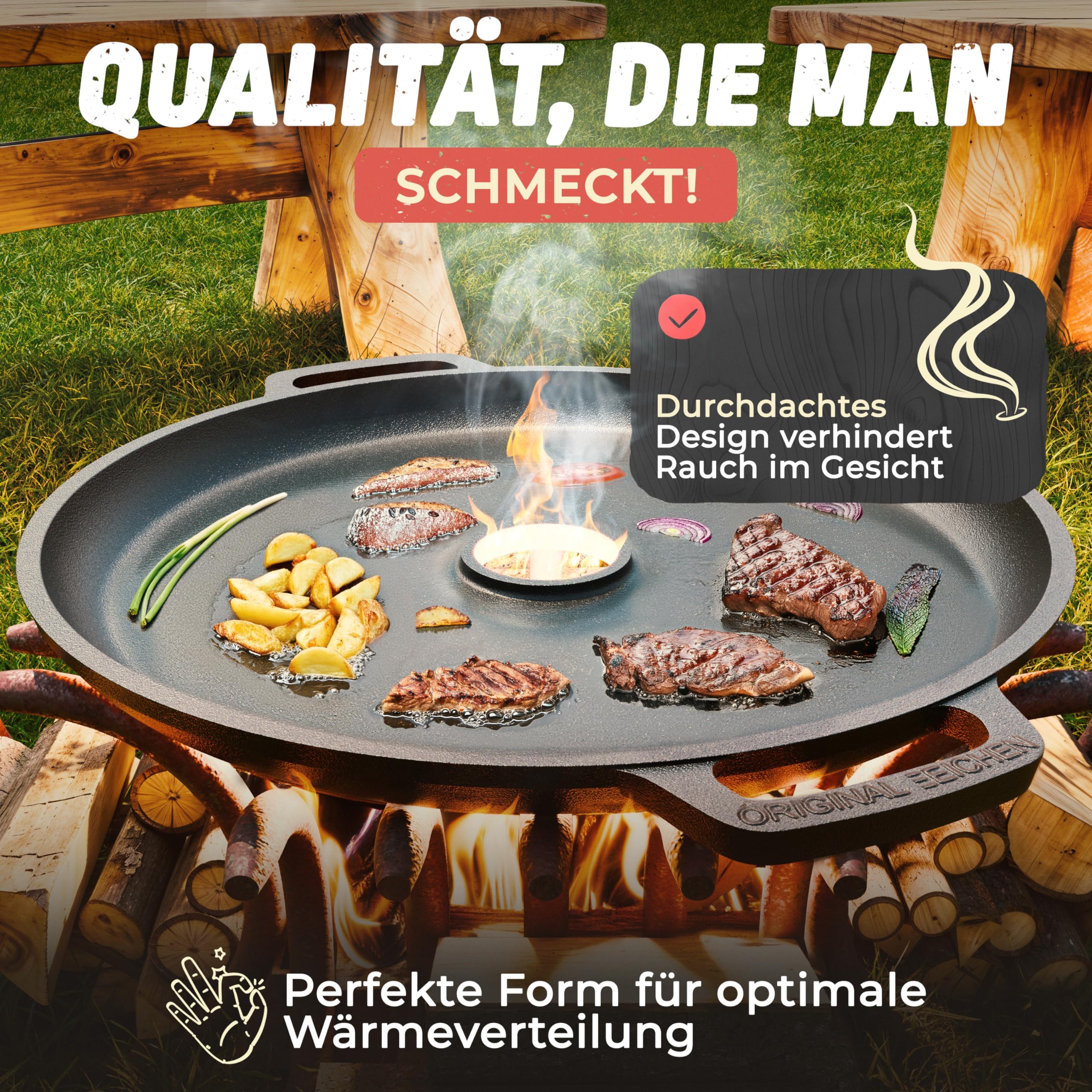 Feuerplatte aus Gusseisen mit Tropfschutz. Ø35cm. Grillplatte Plancha ideal für Raketenofen u.v.m. Outdoor BBQ-Platte mit Tragegriff. Grill Zubehör. Gusseisenpfanne. Stärke 5mm Loch Ø4cm Drei Eichen