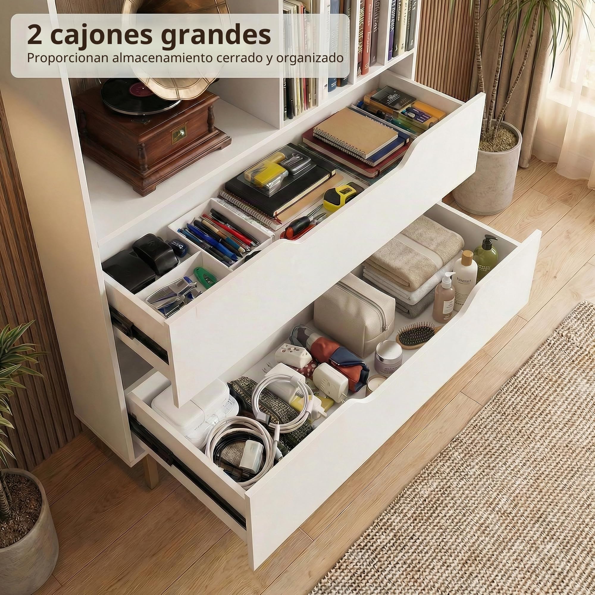 KOMFOTTEU Mueble para Tocadiscos con Compartimento Abierto y 2 Cajones, Soporte de Discos de Vinilo con Patas de Metal, Expositor para Discos para Dormitorio, Salón, Estudio, 91 x 36 x 87 cm (Blanco)