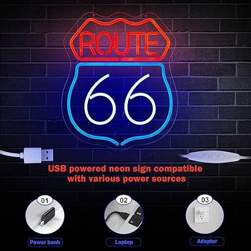 Miniatura 5 de Historic Route 66 Letrero de neón para bar de cerveza, arte para el hogar, cueva, luz de neón hecha a mano con interruptor regulable, luces LED de