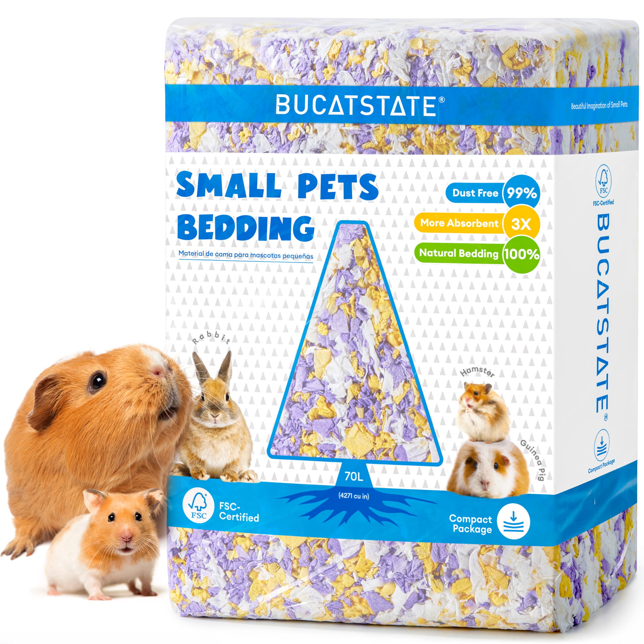 BUCATSTATE Hamster Bedding 70L, Truly 99% Dust-Free Small Animal Paper Bedding Odor Control, Soft Gerbil Litter for Guinea Pig Rabbit Rat Syrian Dwarf Hamsters (Sunrise Iris)