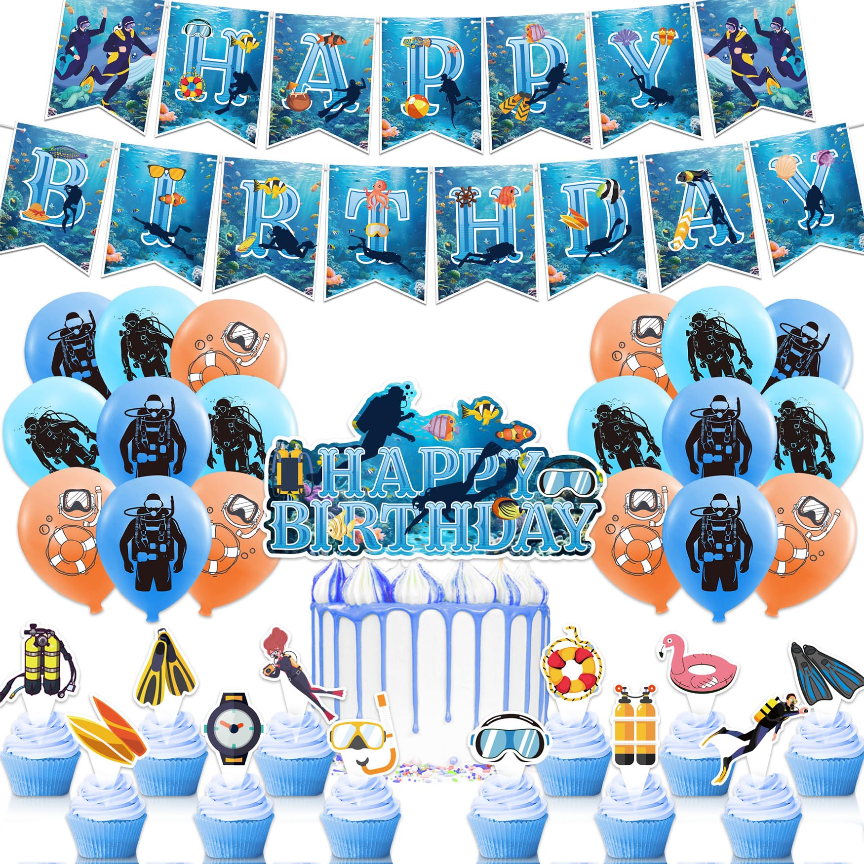 Diving Party Supplies - Underwater World Decorations with Diving Happy Birthday Banner, Cake Topper, Cupcake Toppers, Balloons