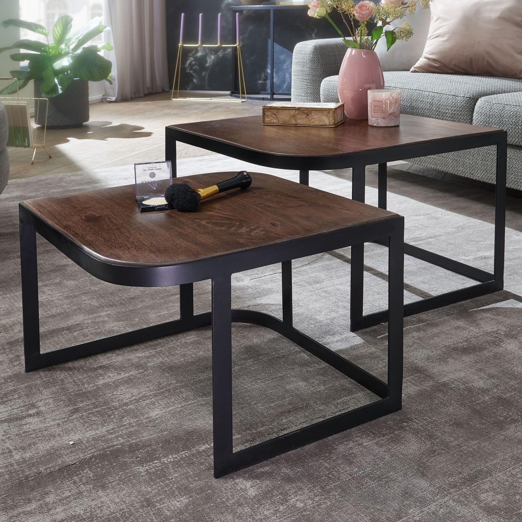 FineBuy Couchtisch 2er Set Mango Massivholz/Metall Wohnzimmertisch Dunkelbraun, Industrial Satztisch Beistelltisch Metallbeine Schwarz, Tischset 2-teilig Satztisch Holz