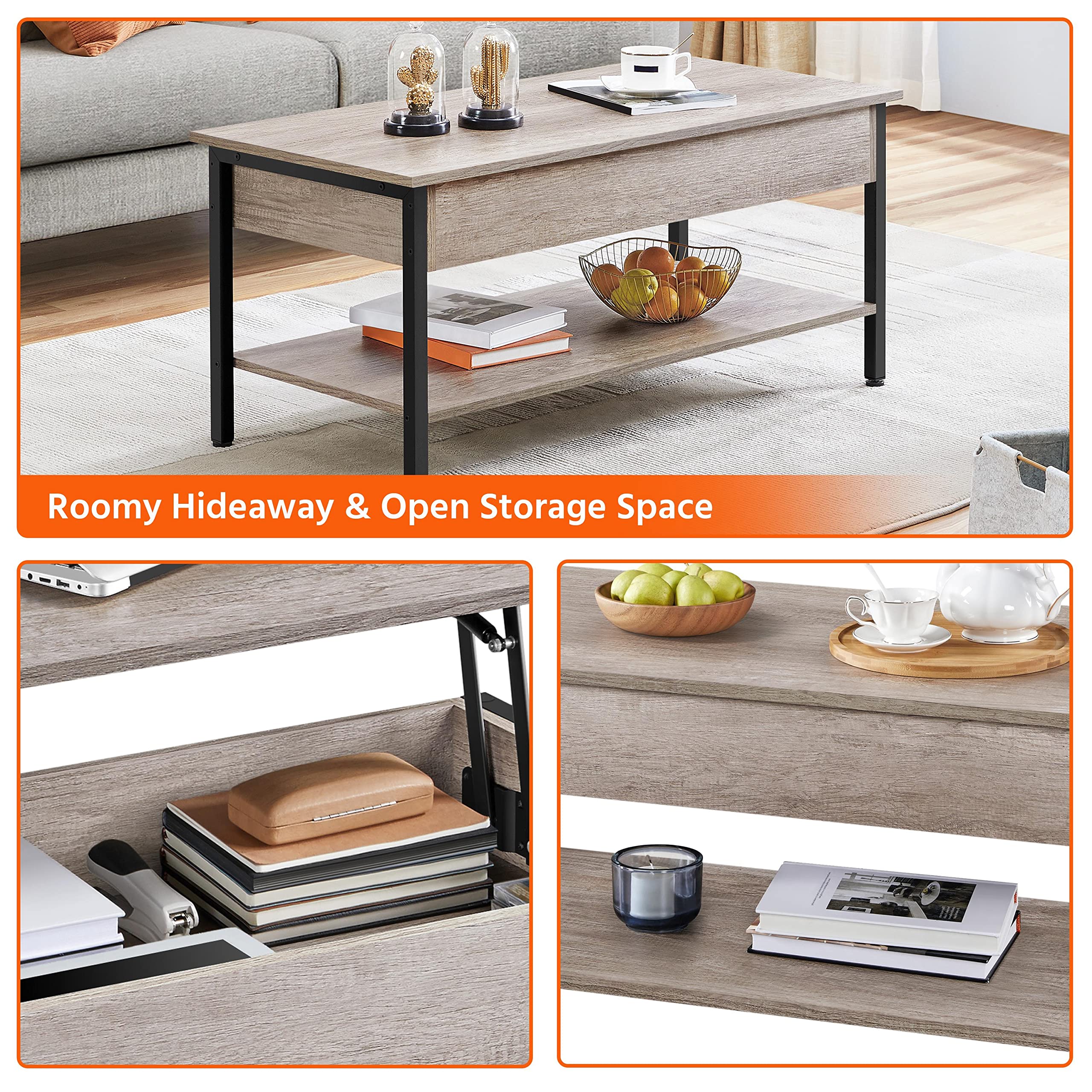 Yaheetech Mesa de Centro Elevable con Mecanismo 104,5x49,5X(47-62) cm | Hidráulico Diseño Industrial de Doble Nivel Mesa Baja de Industrial para Sofa Salon Gris