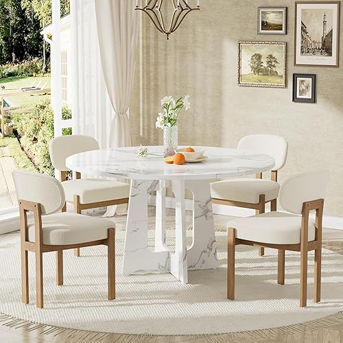 Miniatura 8 de Moderno juego de mesa de comedor de 5 piezas con 4 sillas, mesa de comedor redonda de madera de nogal MDF, sillas tapizadas de tela gris con patas