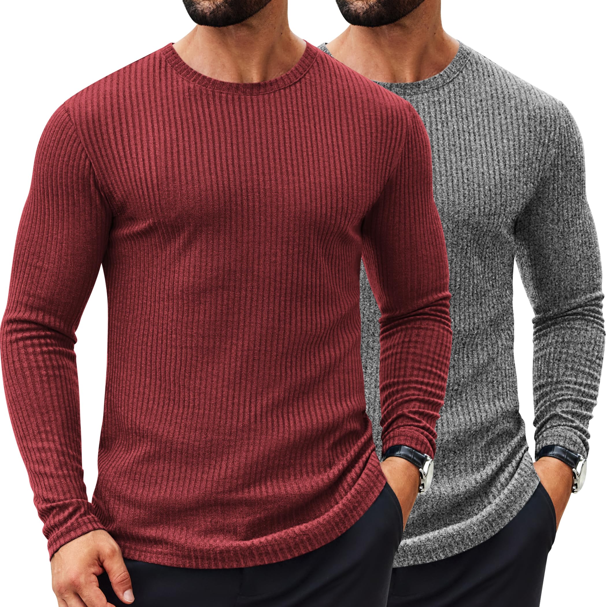 COOFANDY Men's 2 Pack Muscle T-Shirt Stretch Long Sleeve Gym Workout Bodybuilding Training Tee Shirts Casual Hipster Tops