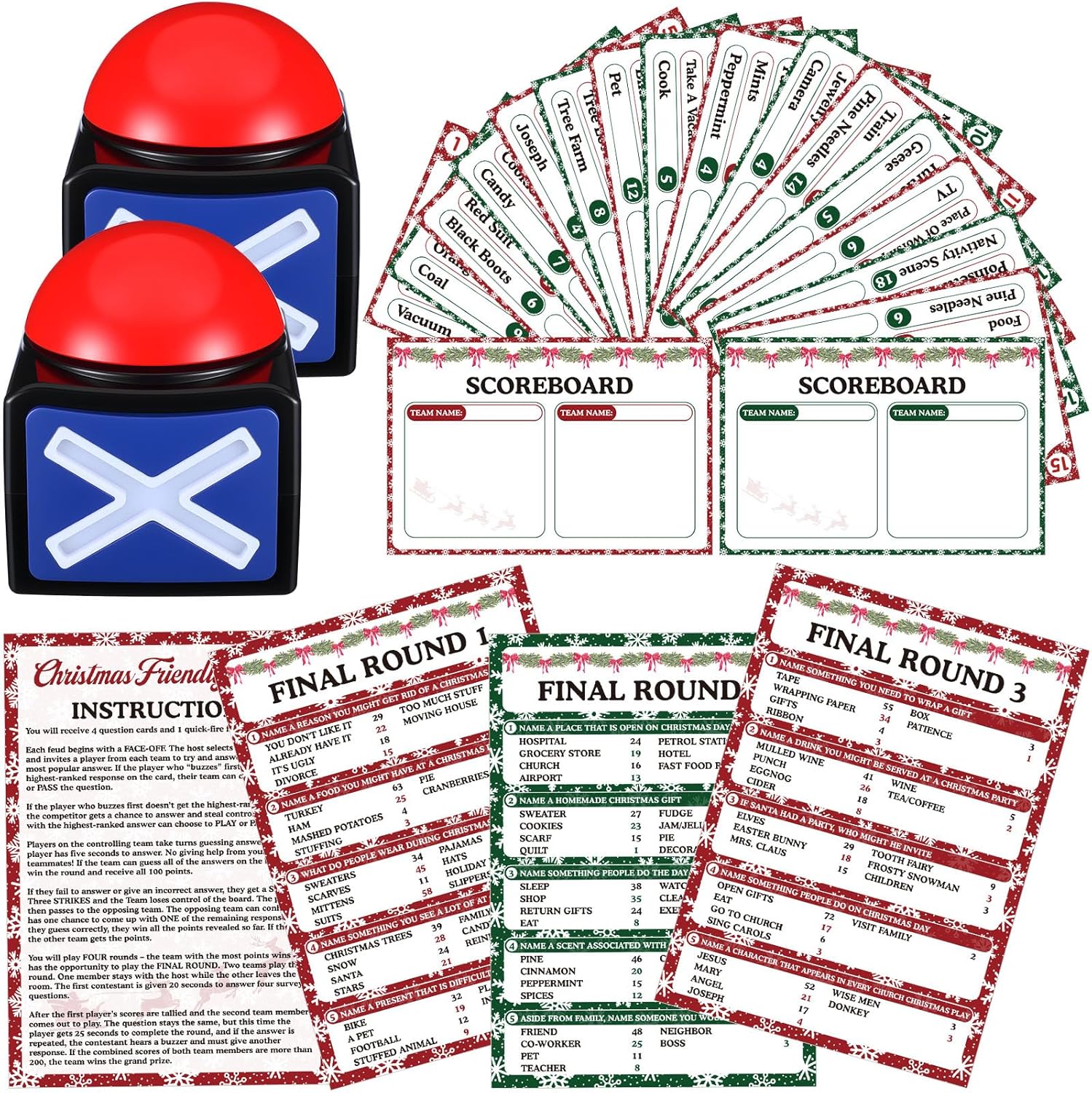 Friendly Feud Games for Adults with 2 Buzzers Family Bachelorette Office Team Building Adults Holiday Work Feud Trivia Quiz Board Games(Christmas)