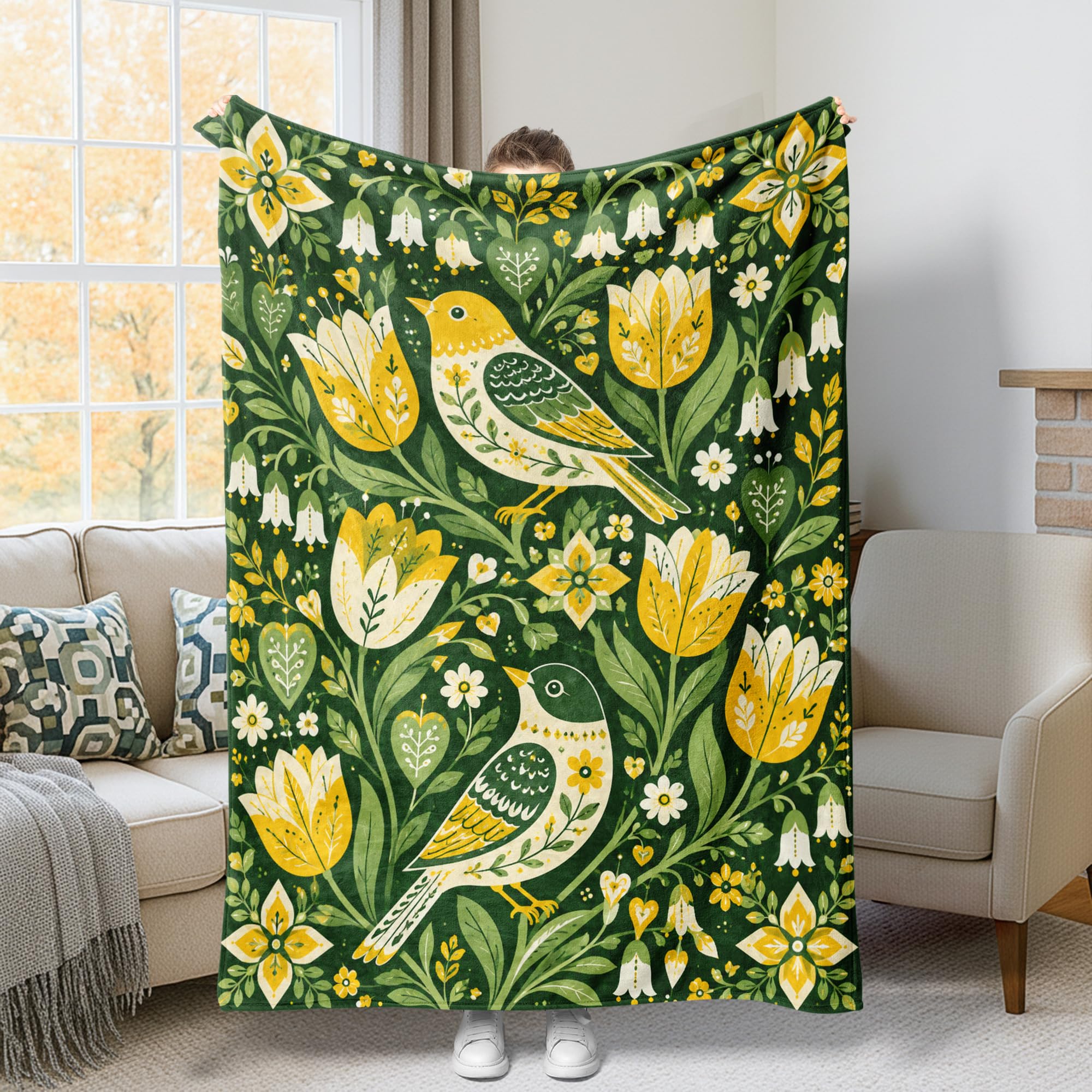 Plaid oiseau et feuilles vertes pour des soirées cocooning douillettes sur le canapé