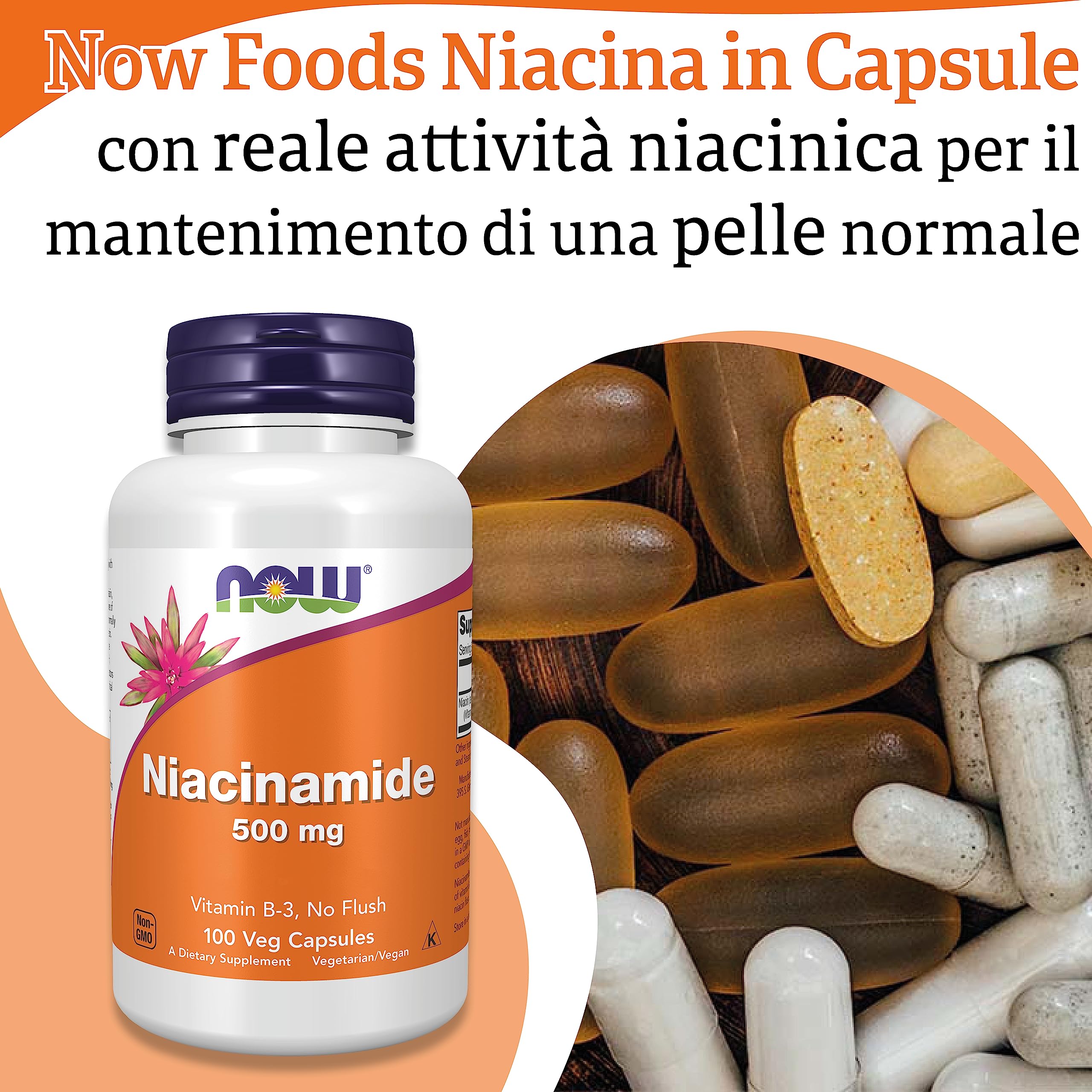 Now Foods, Niacinamide, 500mg, Capsule vegane, Testato in Laboratorio, Vitamina B3, Senza Glutine, Senza Soia, Vegetariano
