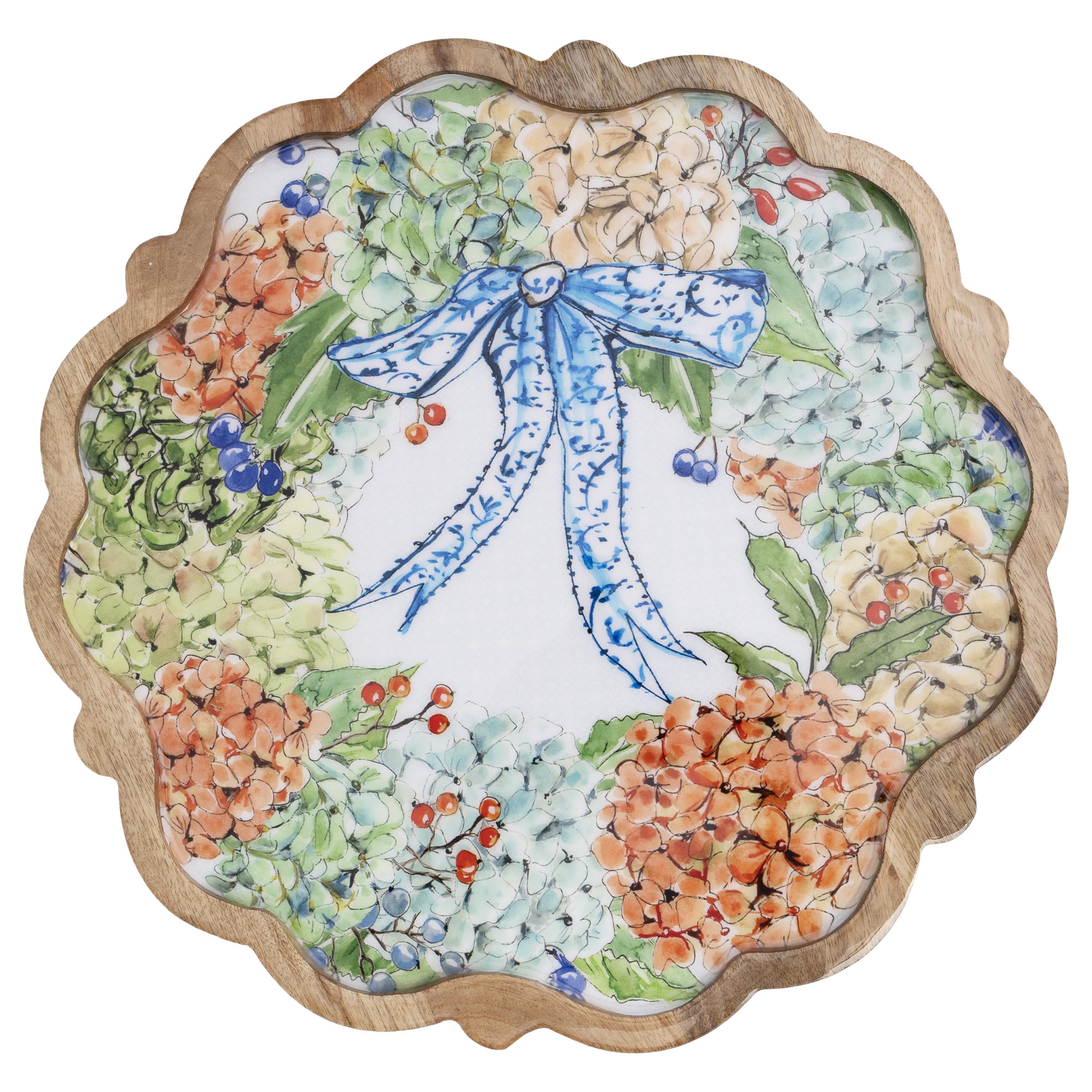 Boston International Scalloped Edge Platter Mango Wood Serving Tray, 13.75" Diameter, Fall Hydrangea