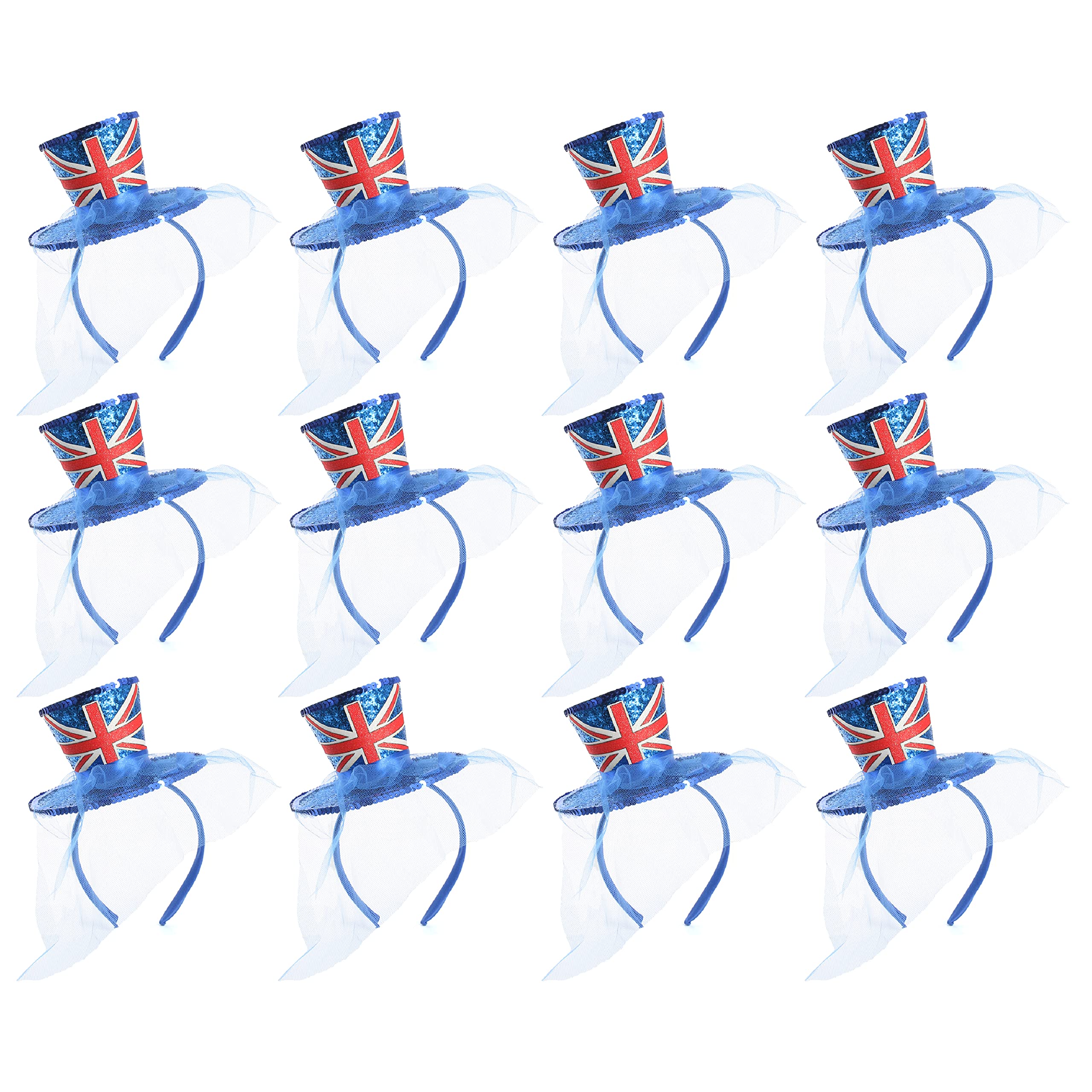 I LOVE FANCY DRESS VE Day Mini Union Jack Top Hat Headband - Pack Of 12 - Blue Glitter Mini Top Hat Headband With Union Jack Pattern, Sequin Edge and Netting - Perfect for British Events