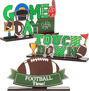 Haooryx 3Pcs Football Wood Table Decoration Centerpiece Signs, Football Time Game Day Touchdown Letter Sign Detachable Wooden Table Topper for Football Game Soccer Party Home Decorations Supplies