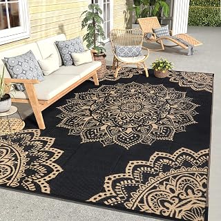 Yamaziot Outdoor Rug 6' x 9', Waterproof Reversible Plastic Straw Rug, Large Outdoor Rugs Mats RV, Picnic, Backyard, Balcony, Porch, Beach, Black Brown