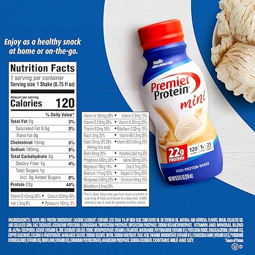 Miniatura 4 de Premier Protein Shake MINIs, vainilla, 0.78 oz de proteína, 120 calorías, 0.04 oz de azúcar, 8.75 onzas líquidas, paquete de 12