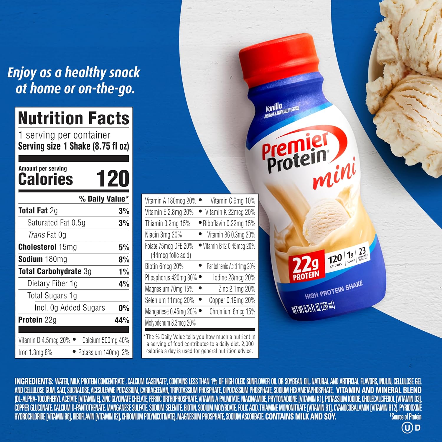 Premier Protein Shake MINIs,Vanilla,22g Protein,120 Calories,No Added Sugar,8.75 fl oz (Packaging May Vary),(Pack of 24)