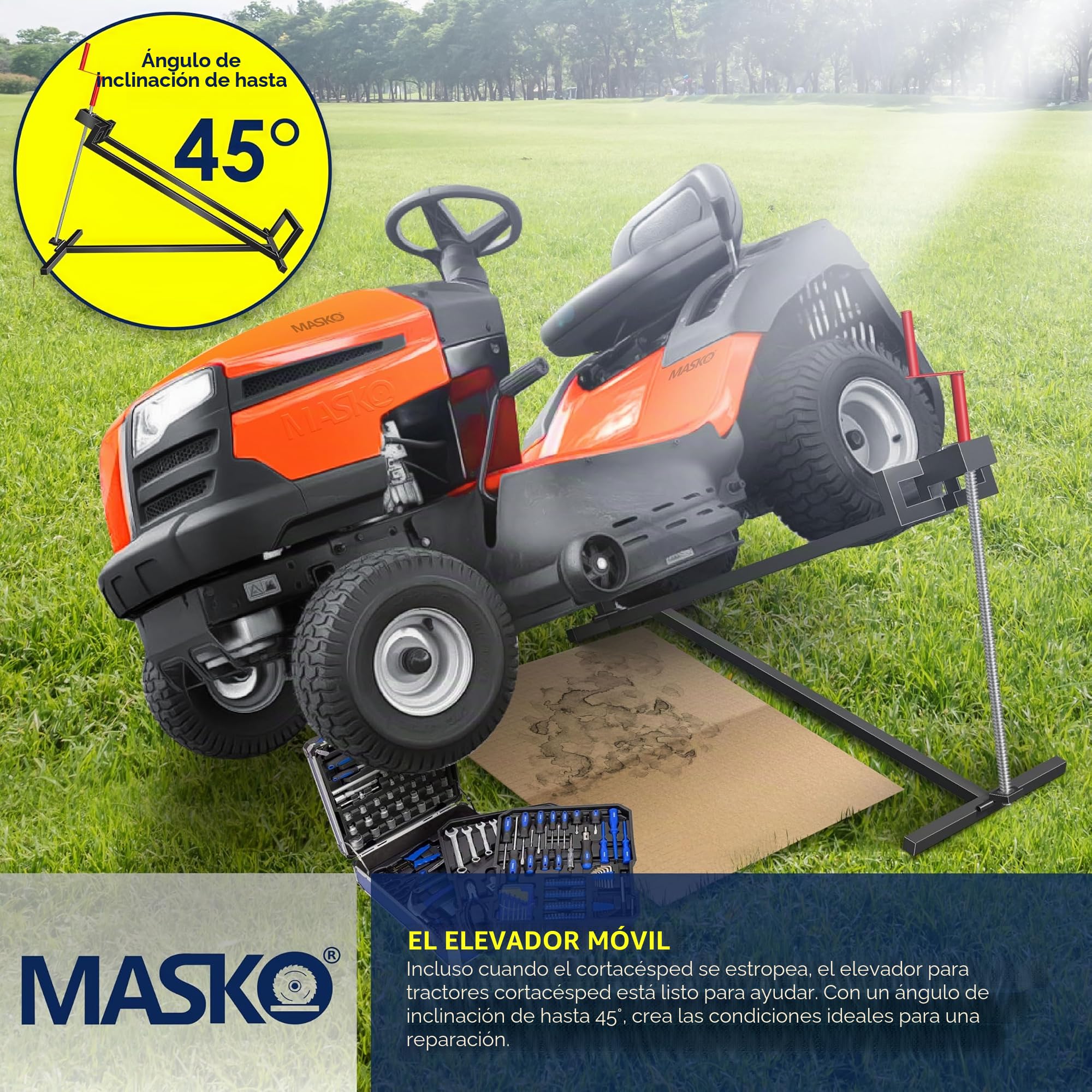 MASKO® Elevador para Tractores de Césped XXL 400 kg Plataforma Elevadora Levantador Cortacésped de Asiento Ayuda para Limpieza Universal +45° de Inclinación Ajustable Incluye Guantes de Trabajo Negro