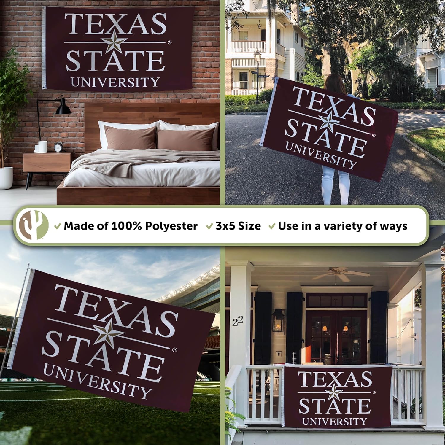 Desert Cactus Texas State University TXState Flag - 3 x 5 Feet Bobcats Banner, Indoor/Outdoor Durable Fabric, 100% Polyester Design (Style J) - Image 3