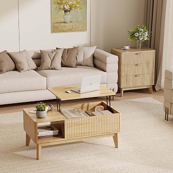LYNCOHOME 2 Piece Living Room Table Set, Includes Coffee Table with 3 Drawer End Table, Fluted Wooden Center Table with Storage, Home Furniture for Apartment, Office, Natural, Light Oak