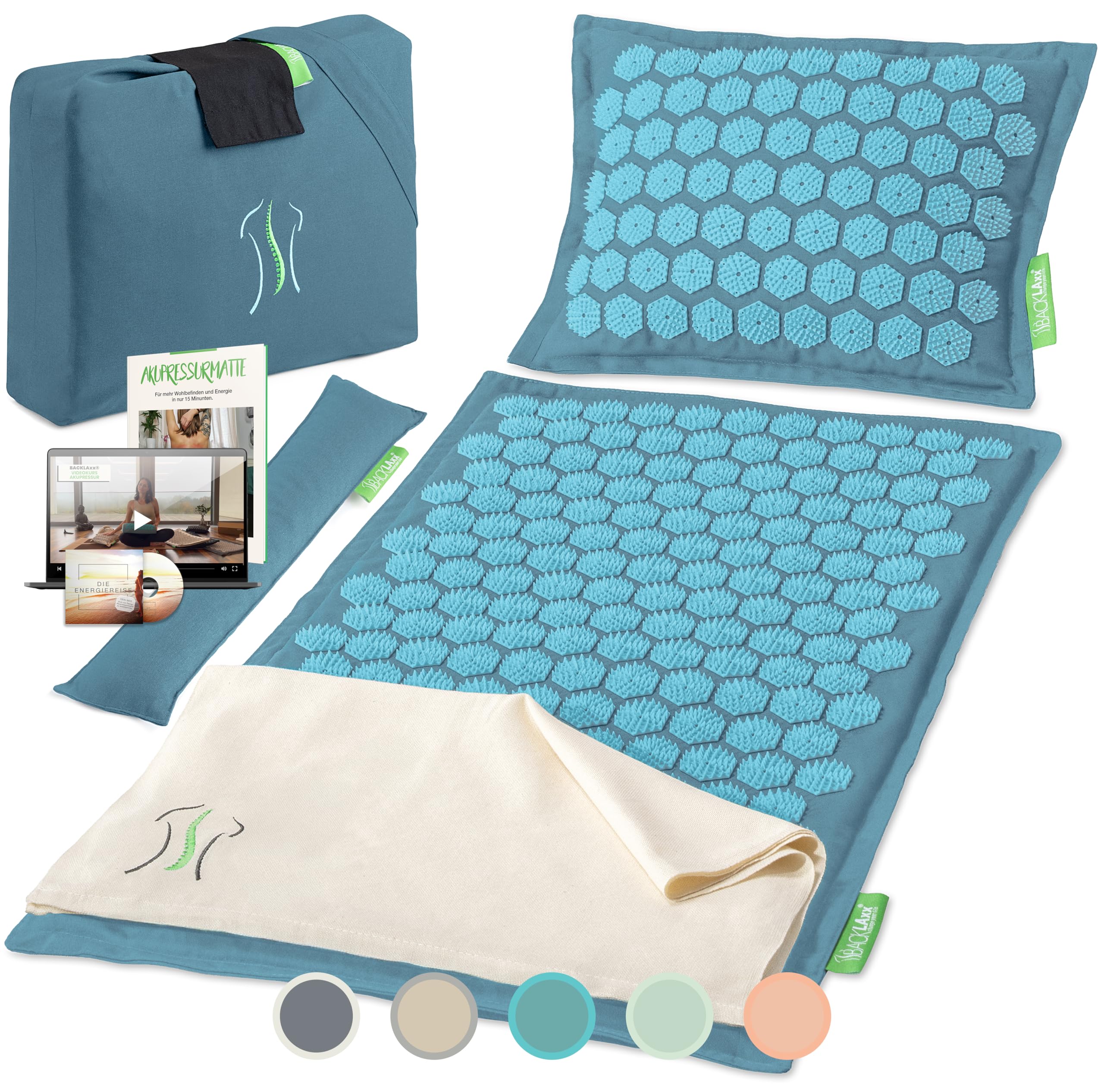 BACKLAXX® Tappetino Agopressione con Cuscino, Tappeto Agopressione Schiena | Set tappetino massaggiante: cuscino, panno, cuscino lombare, borsa, tappetino digitopressione in mezzo lino