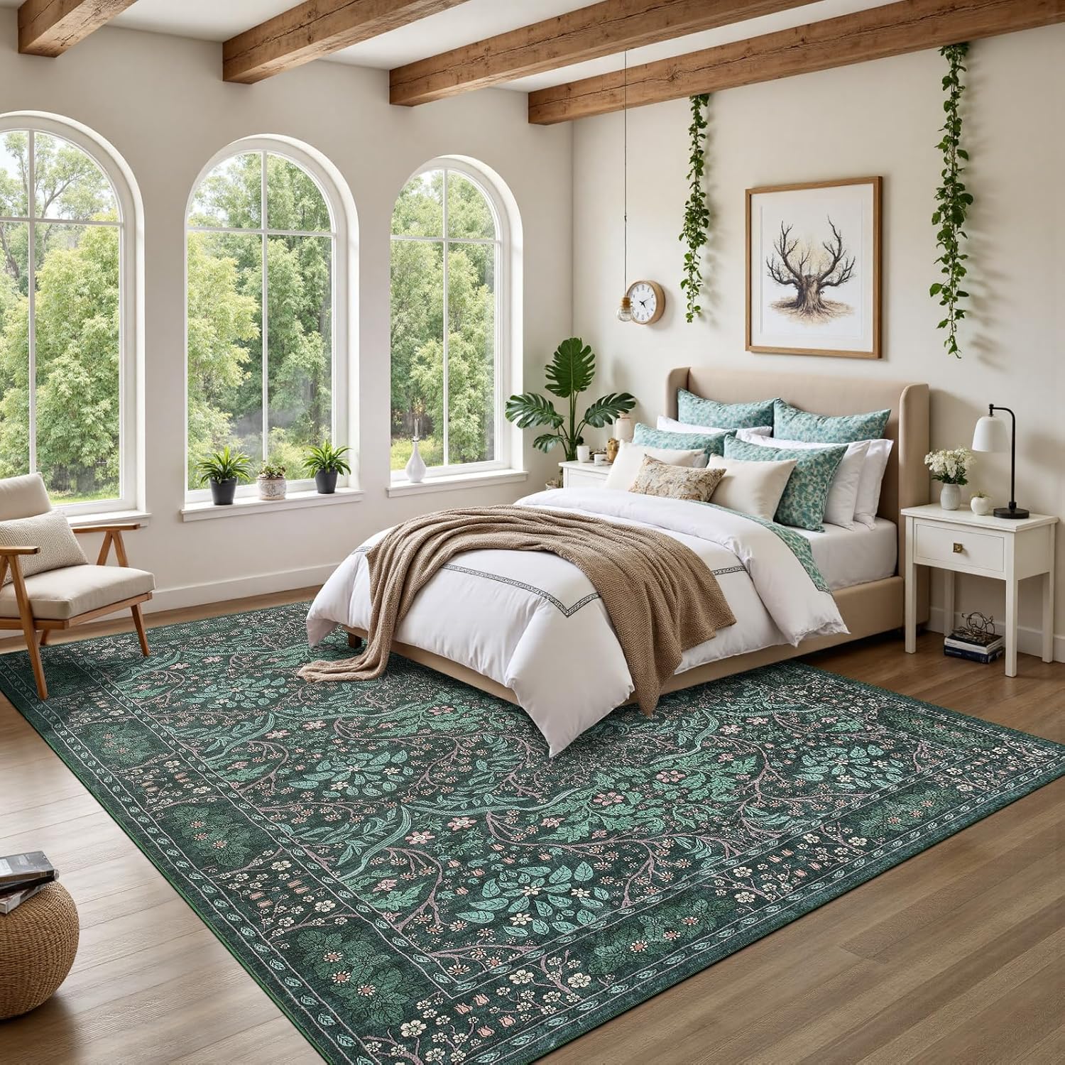Boho 8x10 Area Rug for Living Room，Floral Washable Rug for Dining Room Entryway Farmhouse Nursery Home Office，Low Pile Stain & Slip Resistant Vintage Large Carpet for Bedroom-Dark Green