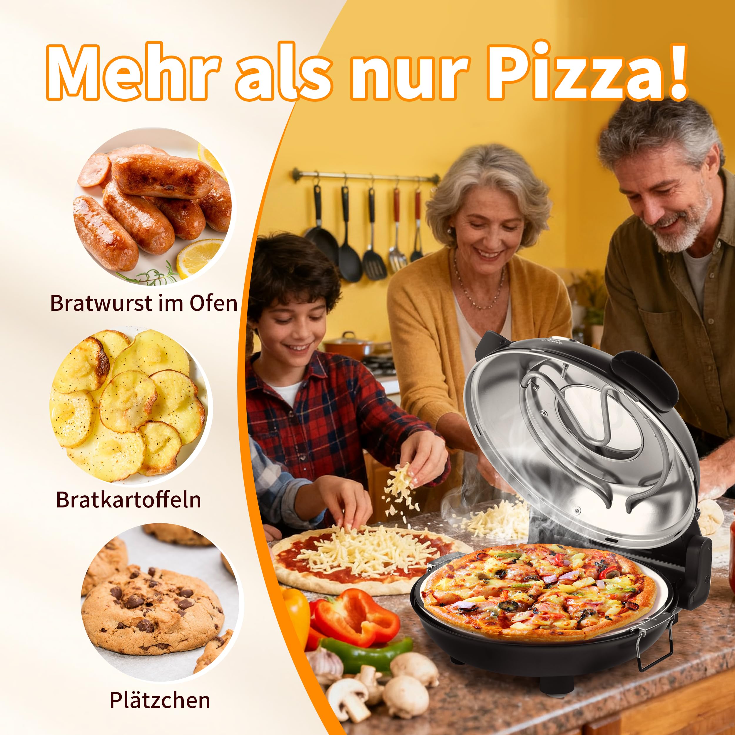 Pizzaofen elektrisch, 1200W Pizzabäcker in 4-Min-Pizza, 31cm Feuerfeste Pizzastein, Max 420℃ Pizzaofen mit 5 Garstufen, inkl. Pizzaschaber & Pizzaschieber, Schwarz