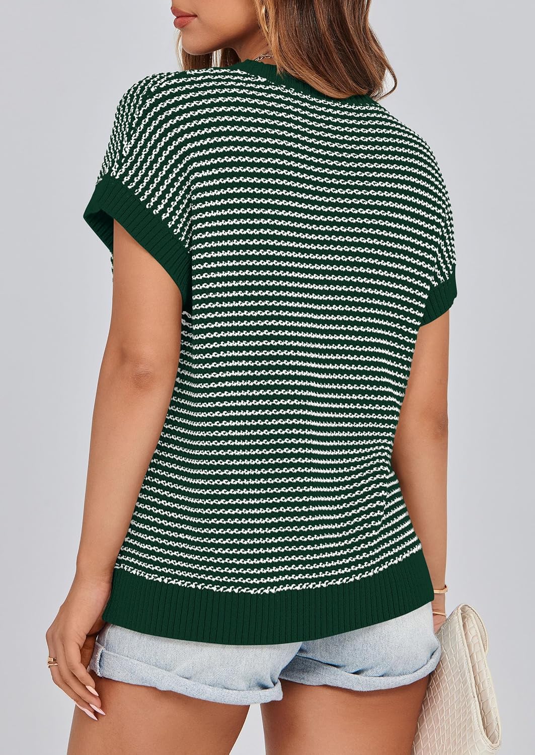 PRETTYGARDEN Womens Short Sleeve Sweater Spring Summer 2026 Round Neck Striped Pullover Cap Sleeve Knit Sweater Vest Tops - Image 2