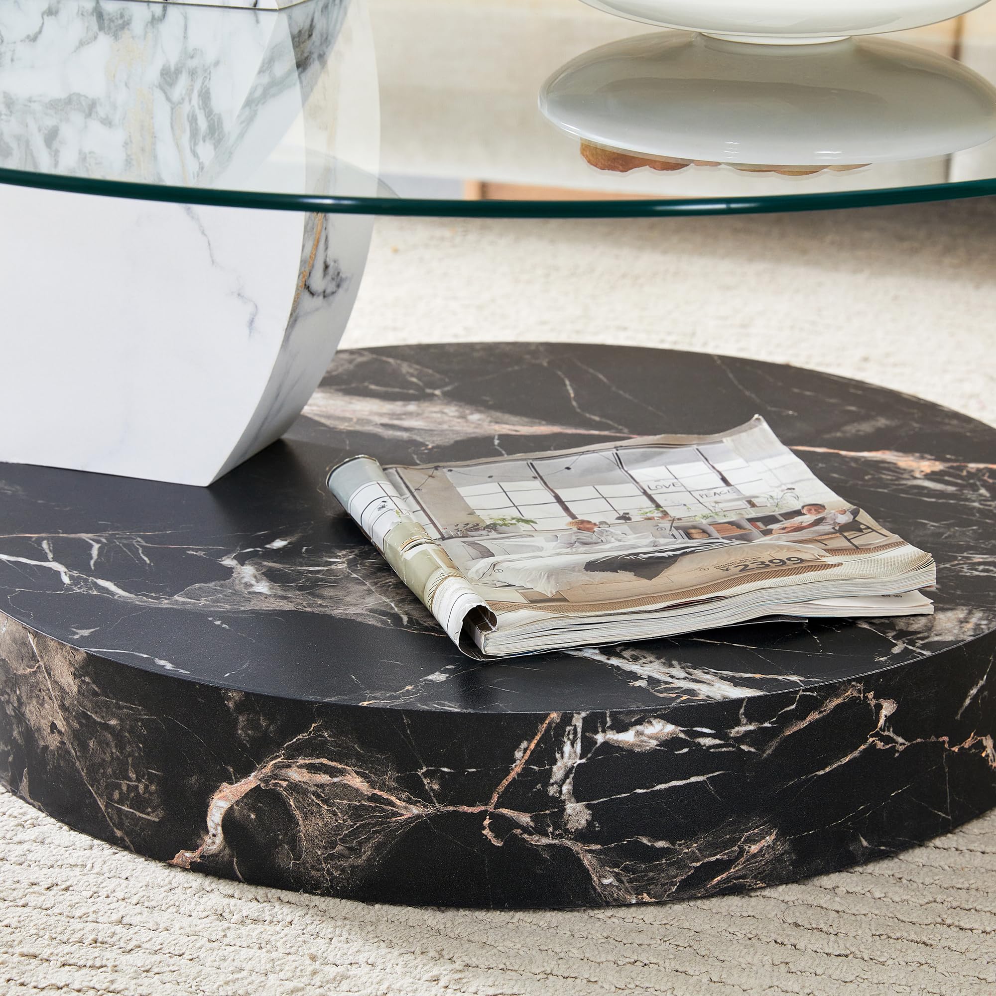 Bladez Tavolino 2 ripiani in vetro di sicurezza, tavolino da soggiorno in vetro di sicurezza e MDF con lamina effetto marmo bianco e nero, tavolino rotondo da divano,90 x 70 x 44 cm