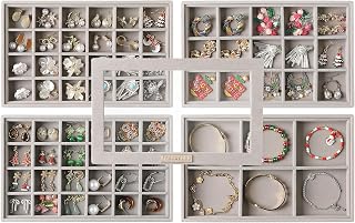 Frebeauty Stackable Jewelry Trays,Set of 4 Jewelry Organizer for Drawer | Glass Lid,Removable Dividers,Stackable Design,Velvet Material,Drawer Inserts,Earring Organizer,Jewelry Box for Rings Bracelet