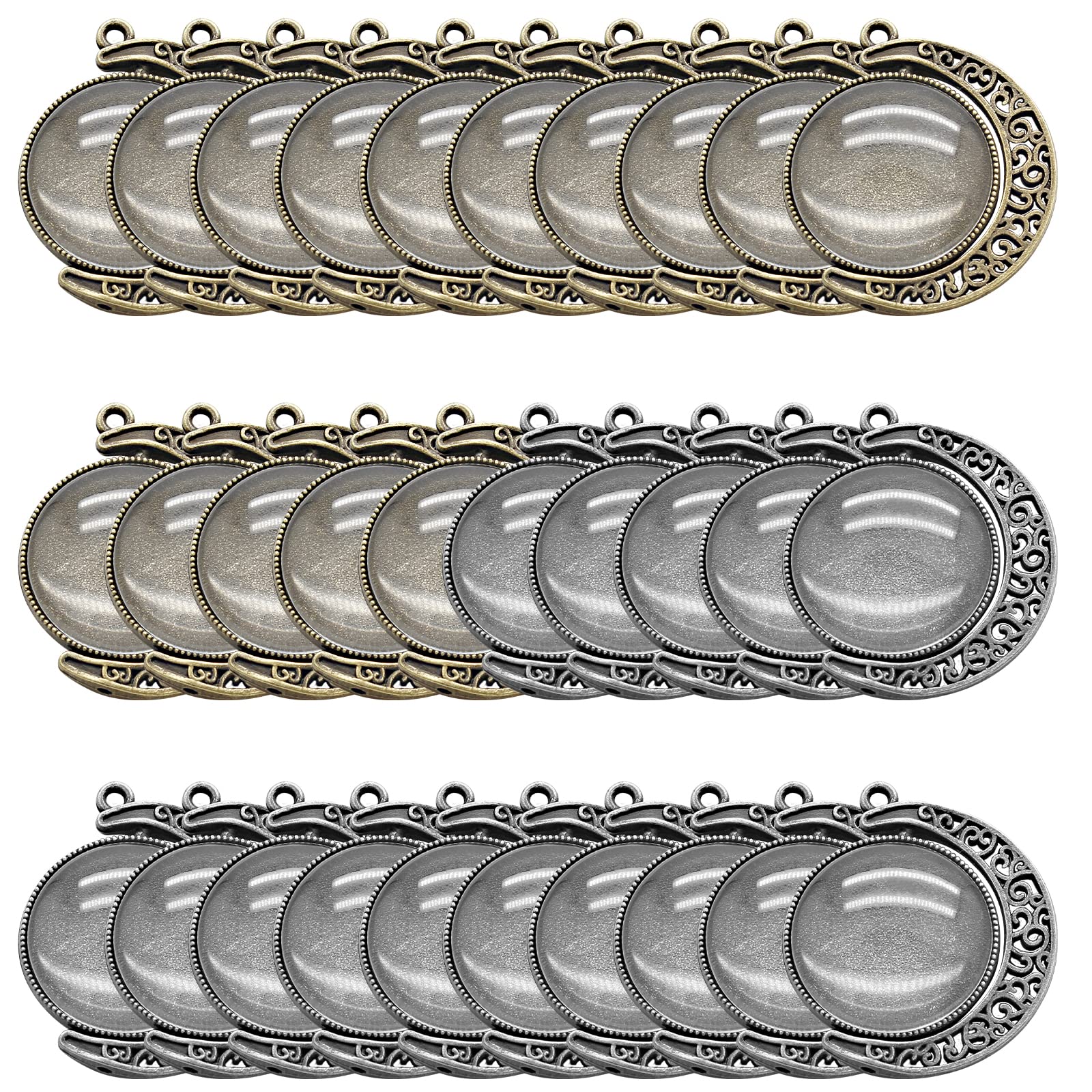 Unlorspy 30Pcs 10Sets Moon Rotation Double Side Pendant Trays,10Pcs 25 mm Moon Rotation Alloy Double-Sided Trays Pendants with 20Pcs Glass Cabochons Clear Dome for DIY Making (Silver and Bronze)