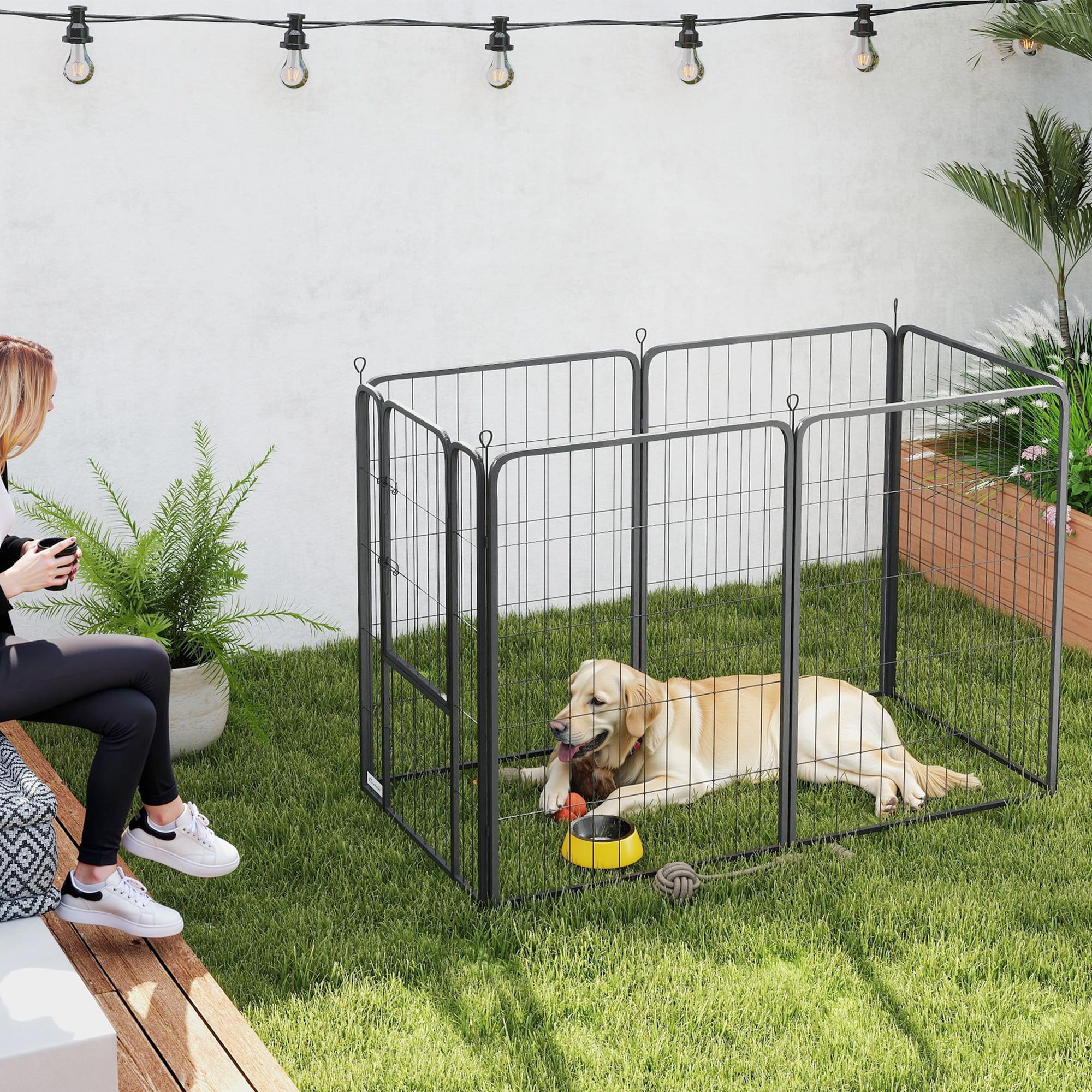 PawHut Welpenlaufstall Welpenauslauf mit Tür Faltbar 6-teilig 100 cm hoch | Freilaufgehege, Verriegelung, Hundelaufstall mit Erdspießen, Laufstall für Hunde Kleintiere, für drinnen und draußen