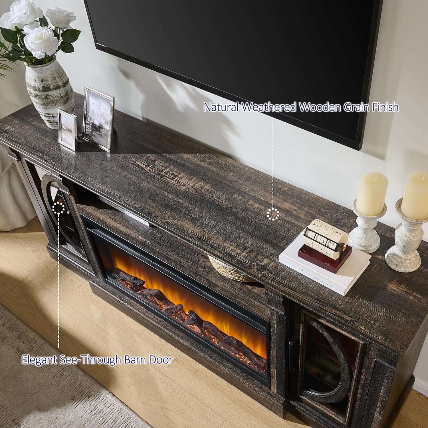 Crescent TV Stand with Fireplace for up to 80 Inch TV, LED Entertainment Center with 36 Inch Electric Fireplace, Farmhouse TV Console Table w/Glass Door for Living Room, Dark Rustic Oak