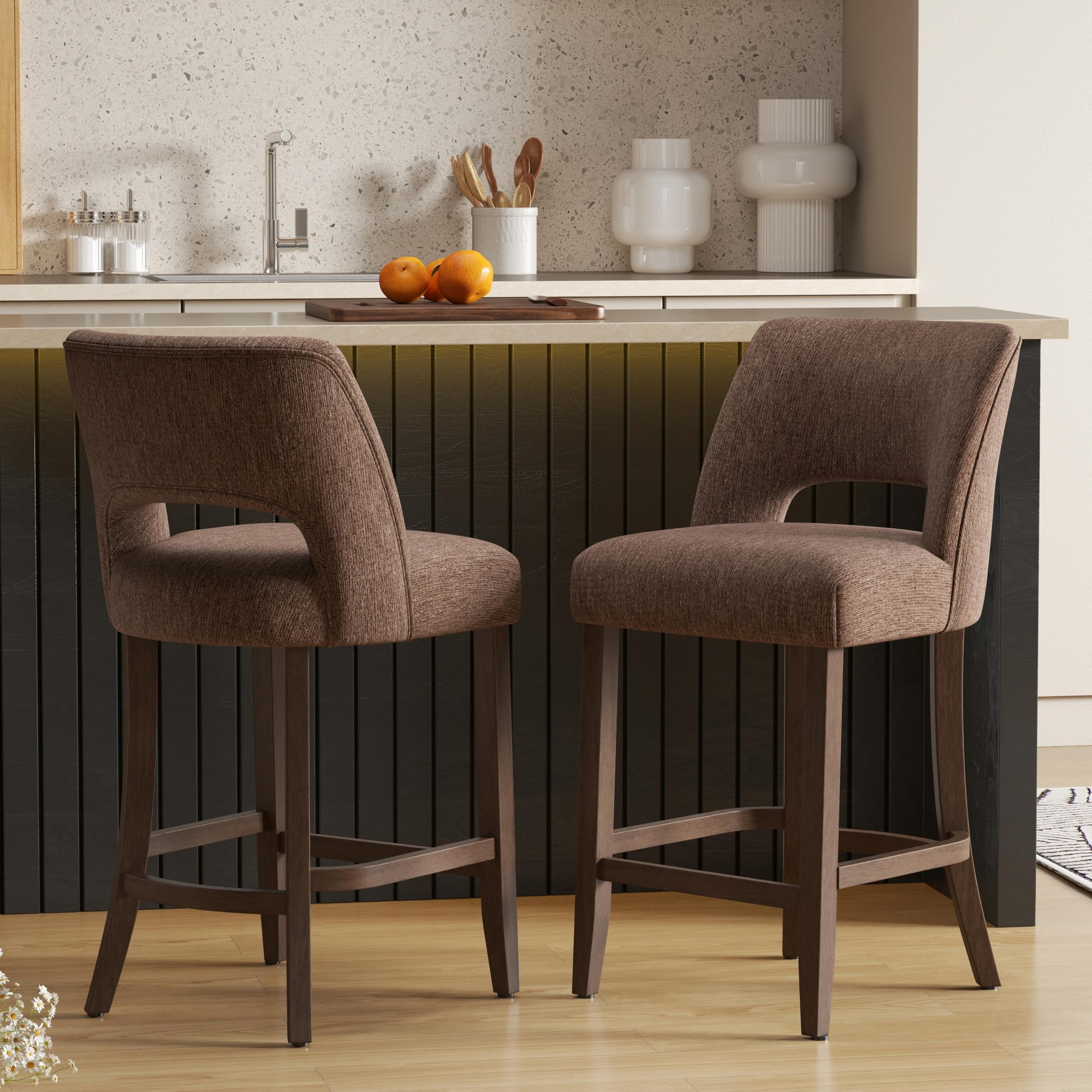 VKNOW Bar Stools Set of 2, 26" Fabric Counter Height Bar Stools, Brown