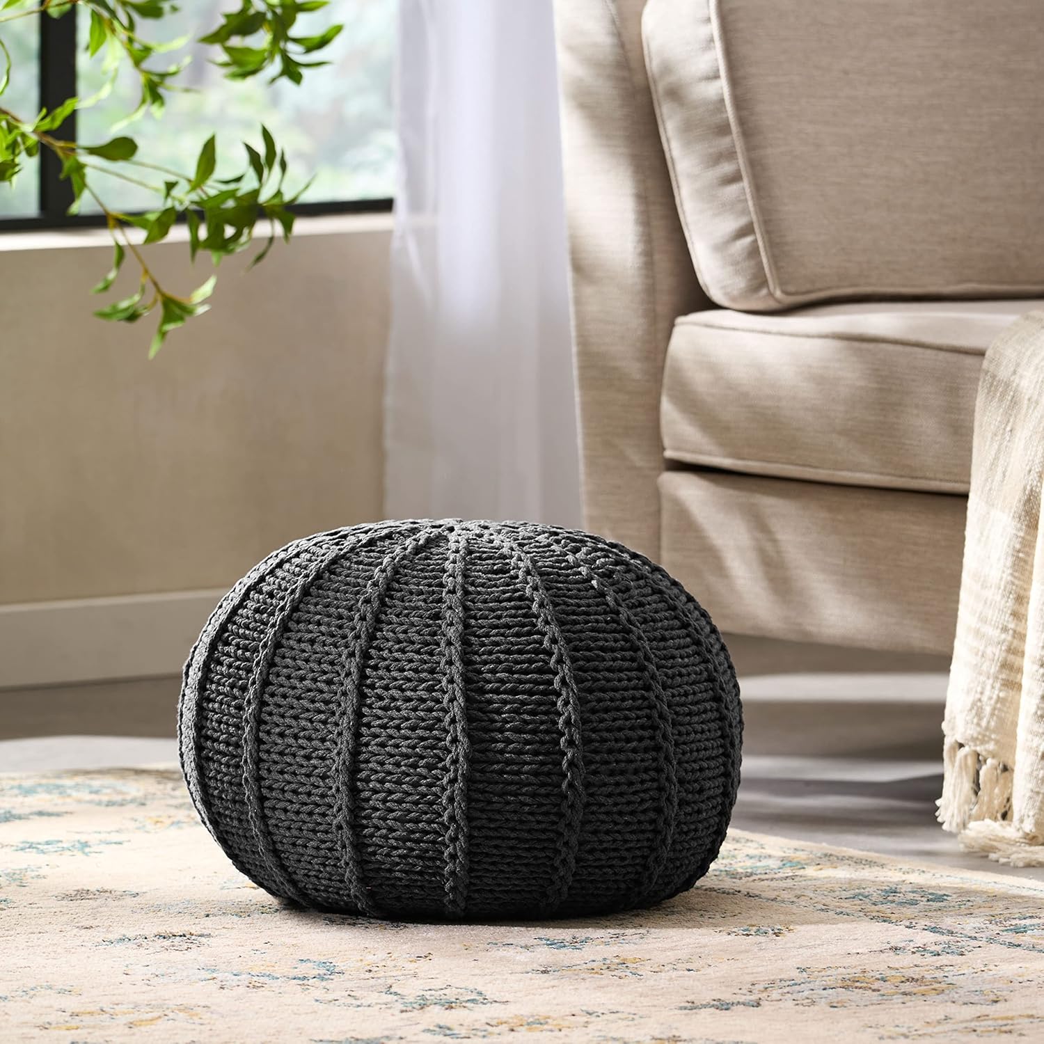 Christopher Knight Home Agatha Knitted Cotton Pouf, Dark Grey Small Dark Grey Cotton Pouf