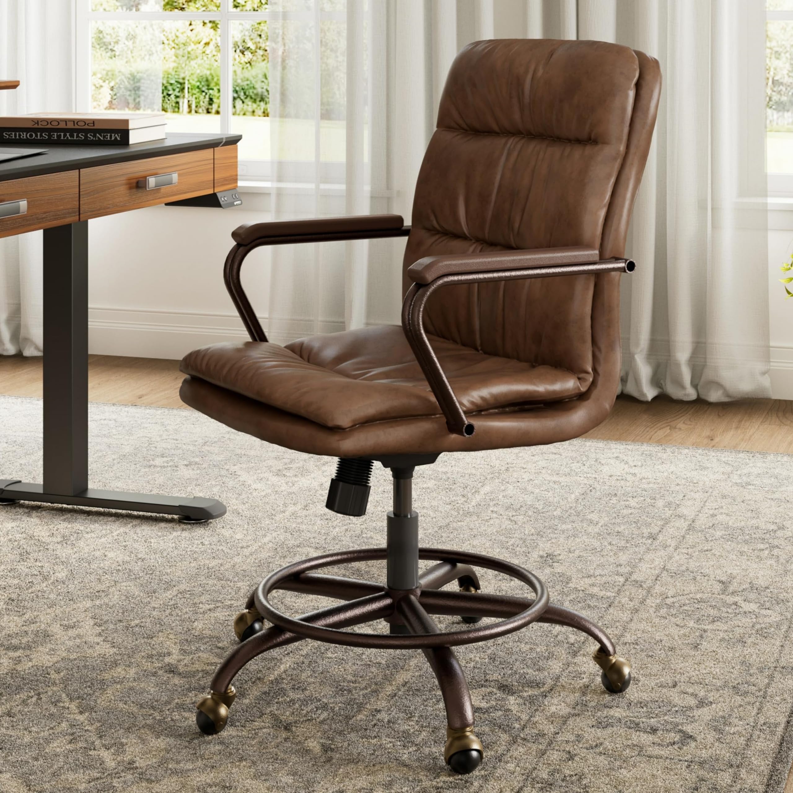 EUREKA ERGONOMIC Mid Century Vintage Office Desk Chair for Home, PU-Leather Swivel Computer Chair with Arms and Wheels for Office/Bedroom/Work/Study (Retro Brown) — image 1