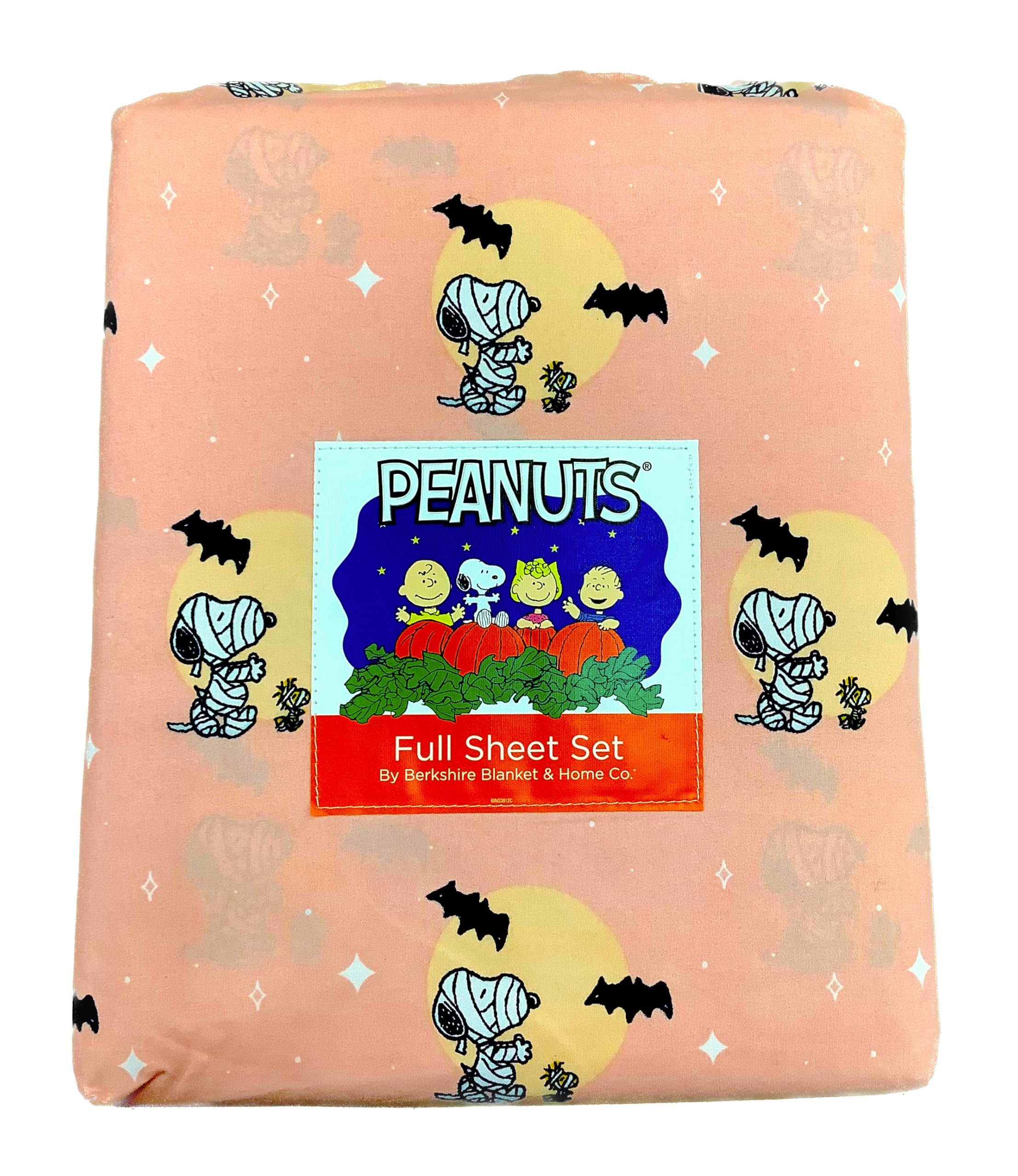 Berkshire Blanket & Home Co. Peanuts Halloween Fall Themed Sheet Sets (Peach - Mummies in Front of Full Moon, Queen)