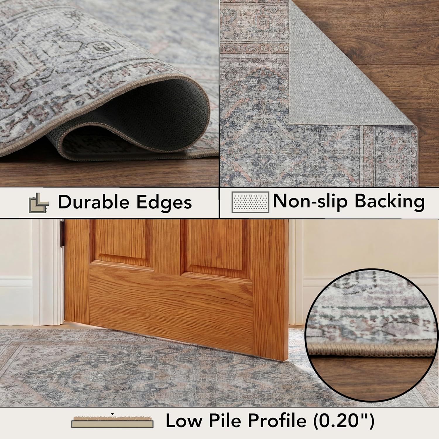 Kuden 2'6"x7' Runner Rug, Machine Washable Area Rug with Non-Slip Backing, Vintage Style, Soft, Easy Clean, Low Pile Rug for Hallway, Entryway, Kitchen, Bedroom