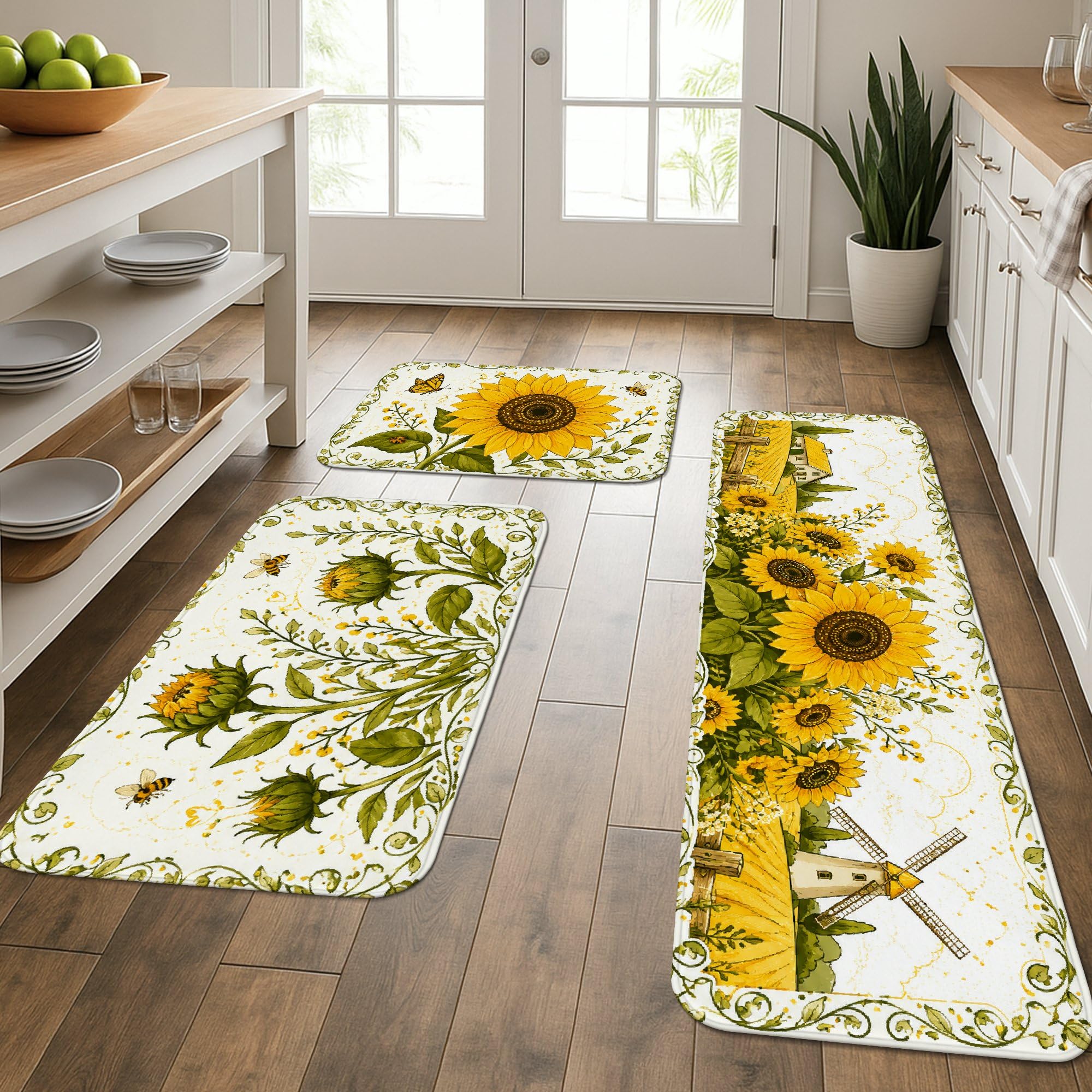 Tapis de cuisine lavable tournesol lot de 3 anti-fatigue pour évier et buanderie