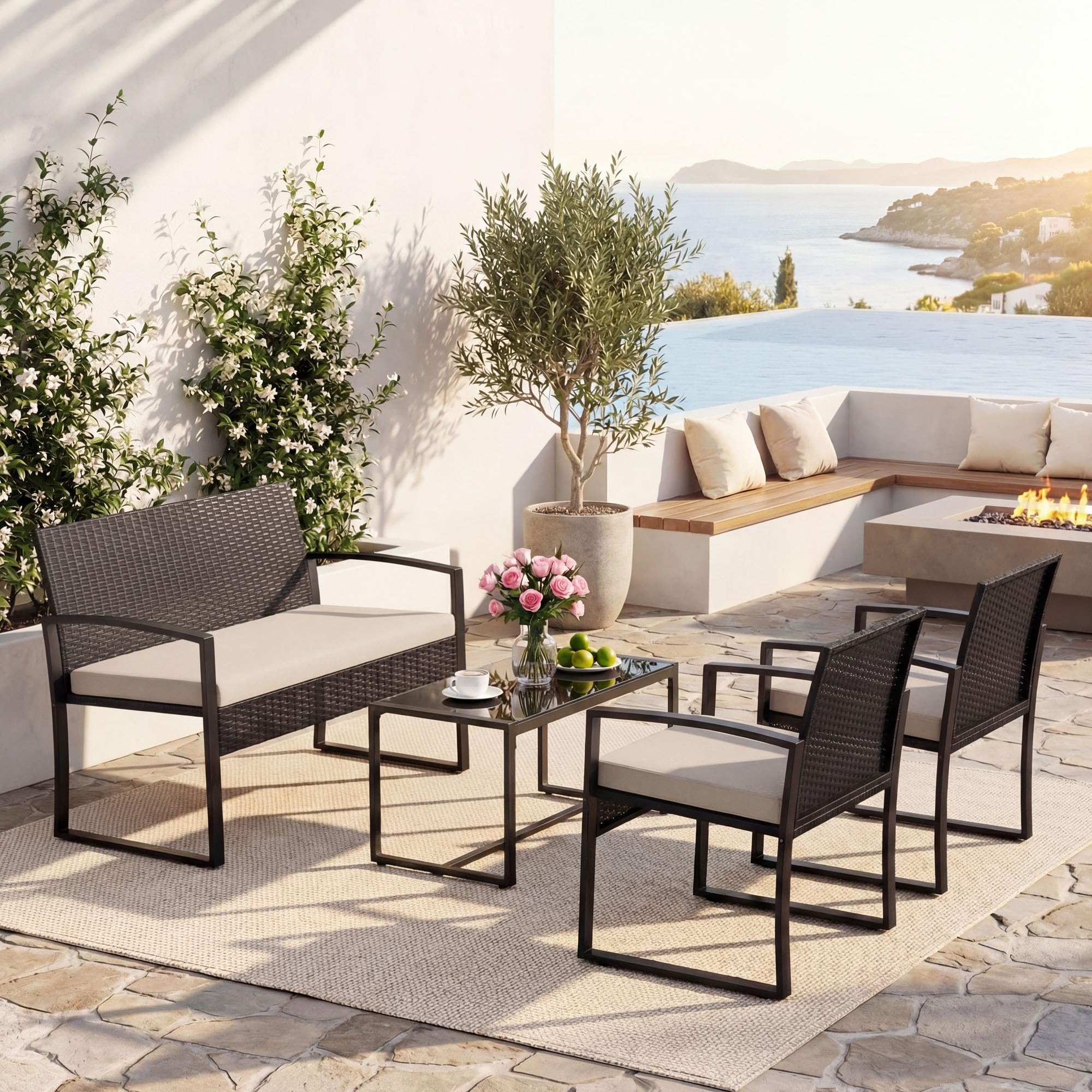 SOARS Conjunto Jardín Exterior de Ratán PE y Metal, Muebles de Jardín de 4 Piezas con Respaldo Inclinado y Cojines de Asiento, Muebles de Exterior con Mesa de Centro para Patio, Jardín (Beige)