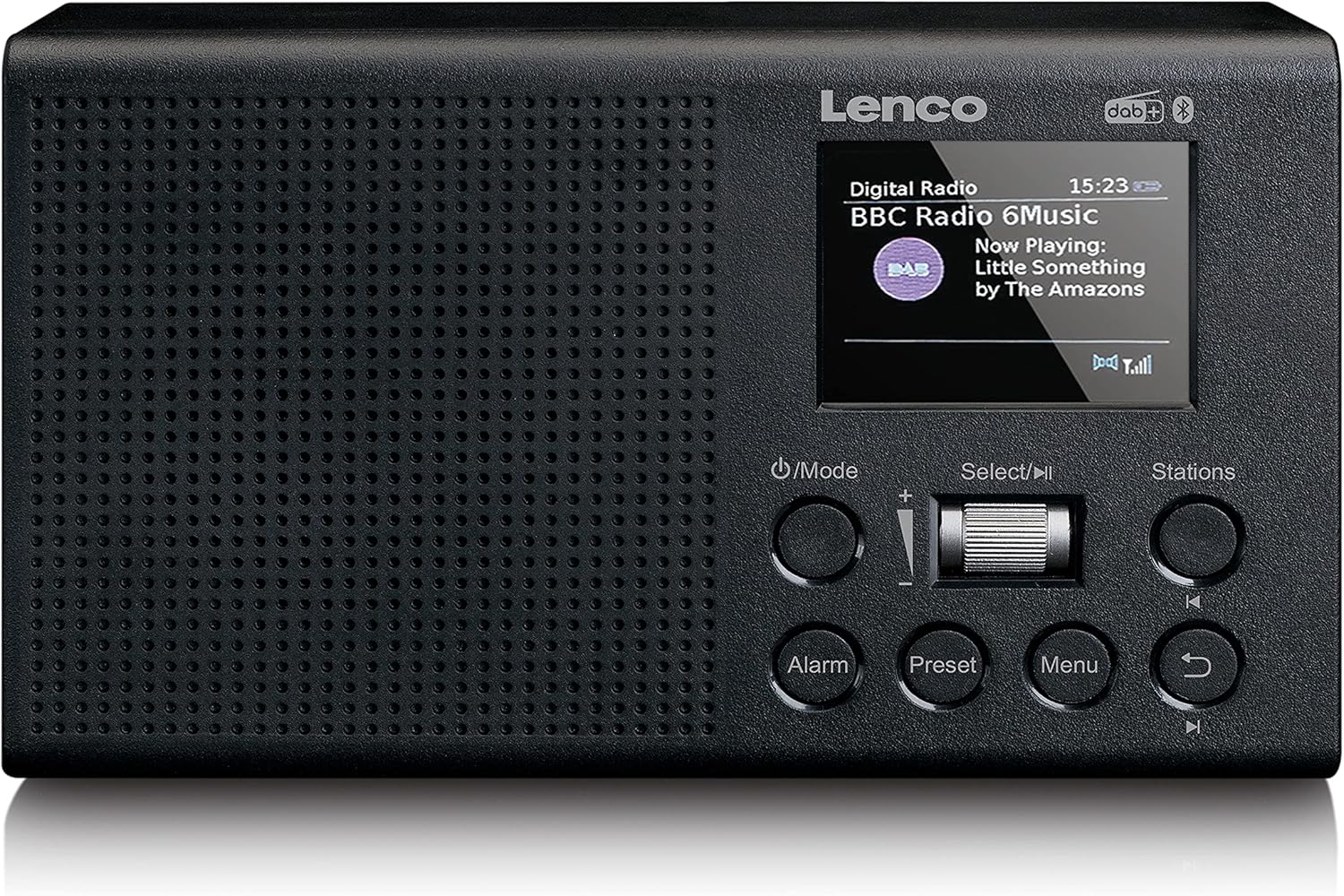 ഫ്രണ്ട് view of the Lenco PDR-031 radio, showing the speaker grille on the left, the display and control buttons on the right.