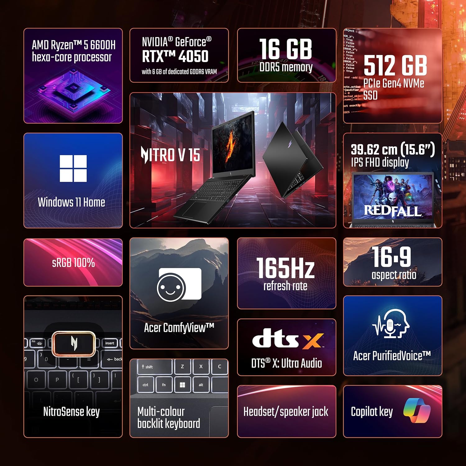 Acer Nitro V 15, AMD Ryzen 5 6600H Hexa-core Processor,NVIDIA GeForce RTX 4050-6GB GDDR6,16 GB, 512 GB, Full HD IPS, 15.6"/39.62 cm, 165 Hz, Win 11 Home,Obsidian Black, 2.1 kg, ANV15-41,Gaming Laptop 26 91yAqCkwYgL. SL1500