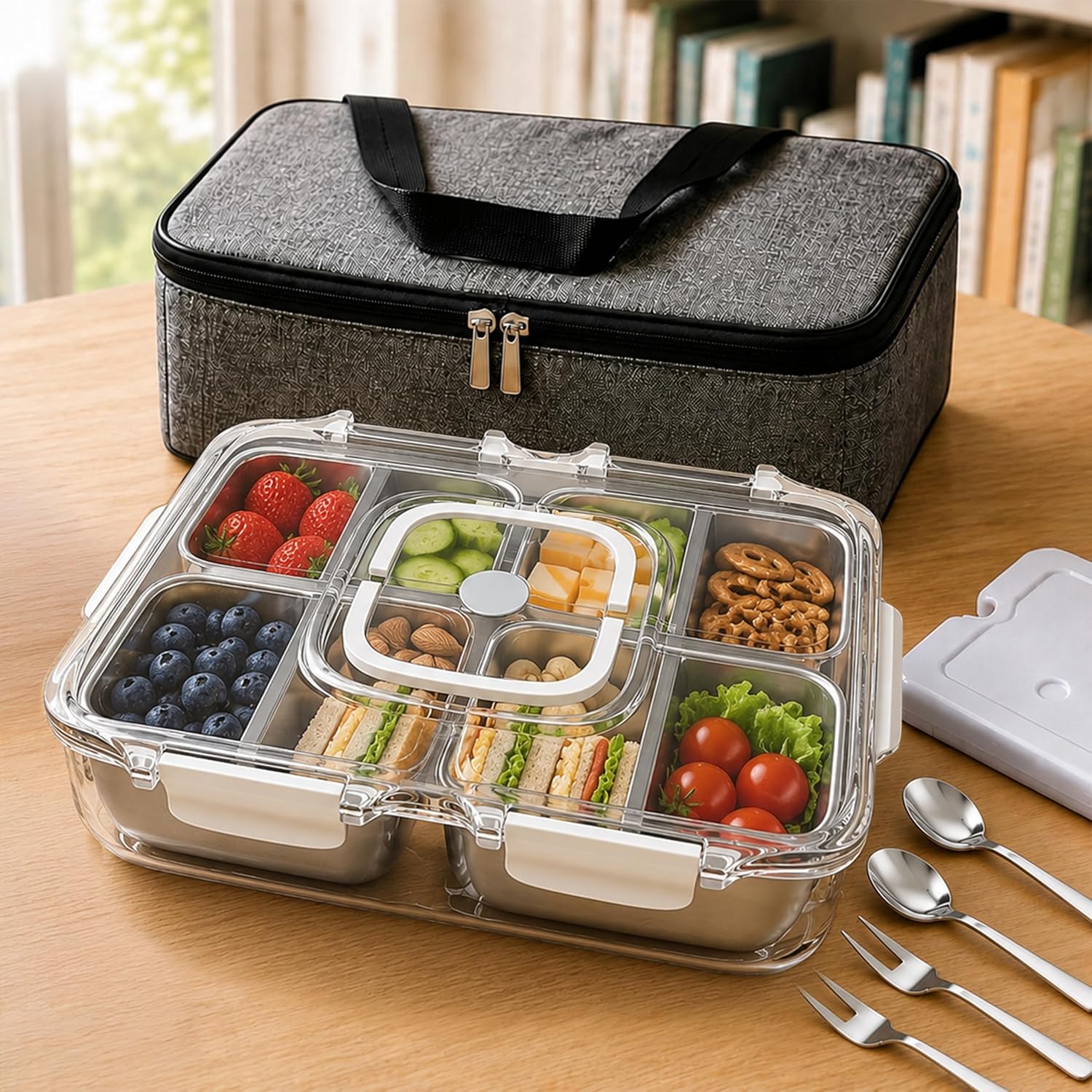 Snackle Box Container with Ice Pack, 304 Stainless Steel Snack Box Set