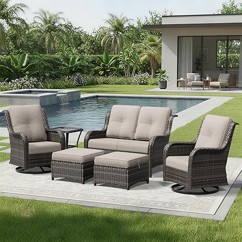 Miniatura 114 de Joyside Silla mecedora giratoria para exteriores para patio, mecedora de mimbre para exteriores con cojines de tela de olefina adecuada para porche