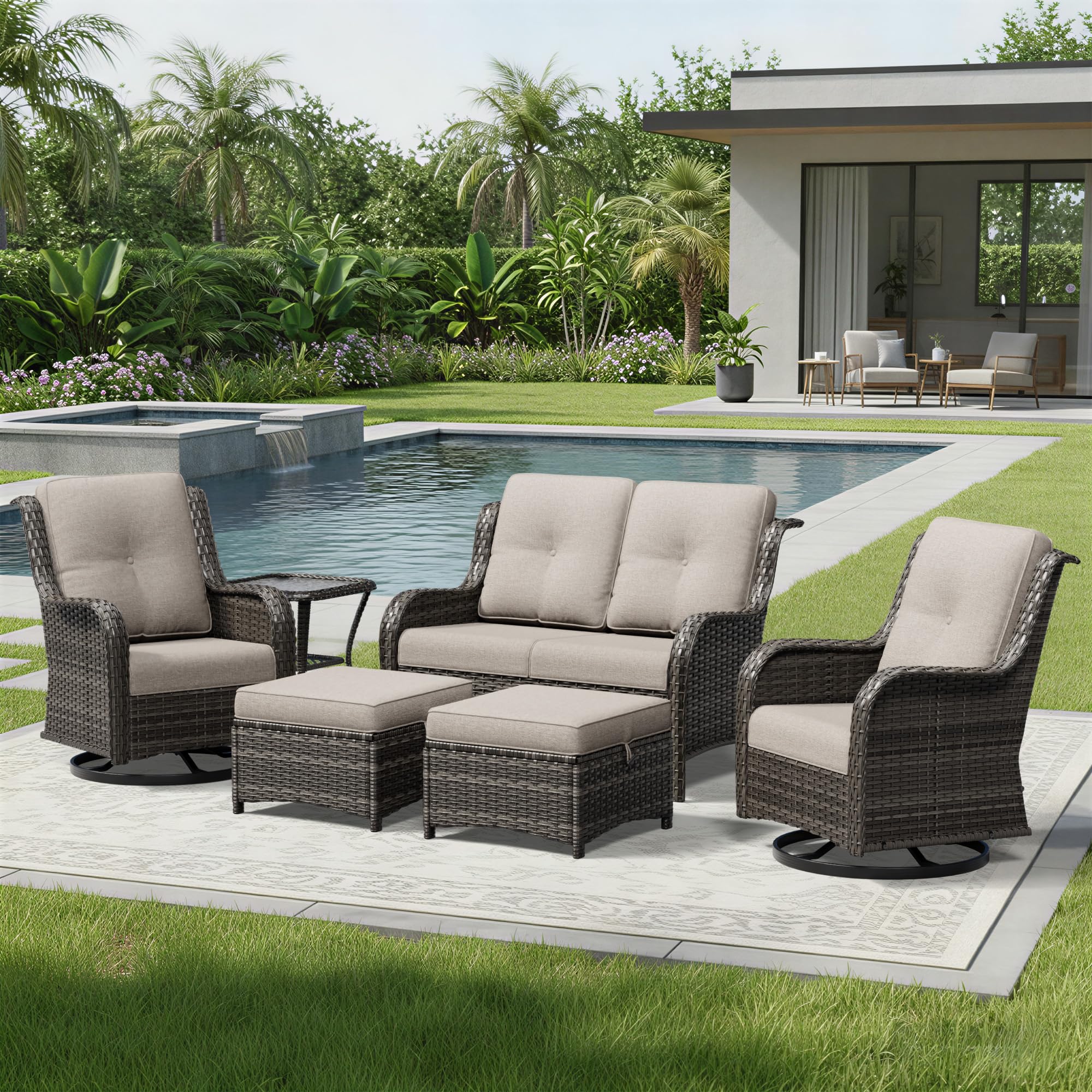 Joyside 6 Piece Wicker Patio Furniture Set, Outdoor Swivel Rocker Patio Chairs with High Back, Deep Seating, Wide Armrest, Thickened Cushions, Outdoor Furniture for Deck, Porch Use