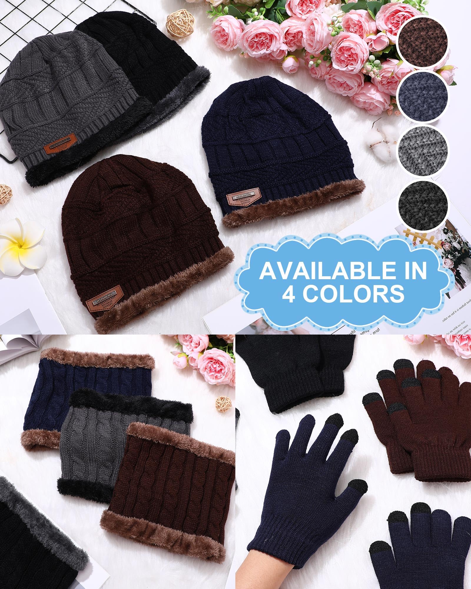 Liitrsh Wintermütze, Handschuh-Schal, Sets für Kinder, inkl. Strickmütze, Beanie, winddicht, Totenkopfkappe, Touchscreen-Handschuhe, Halswärmer, kaltes Wetter, Sets für Jungen, 5–14 Jahre, 4 Stück